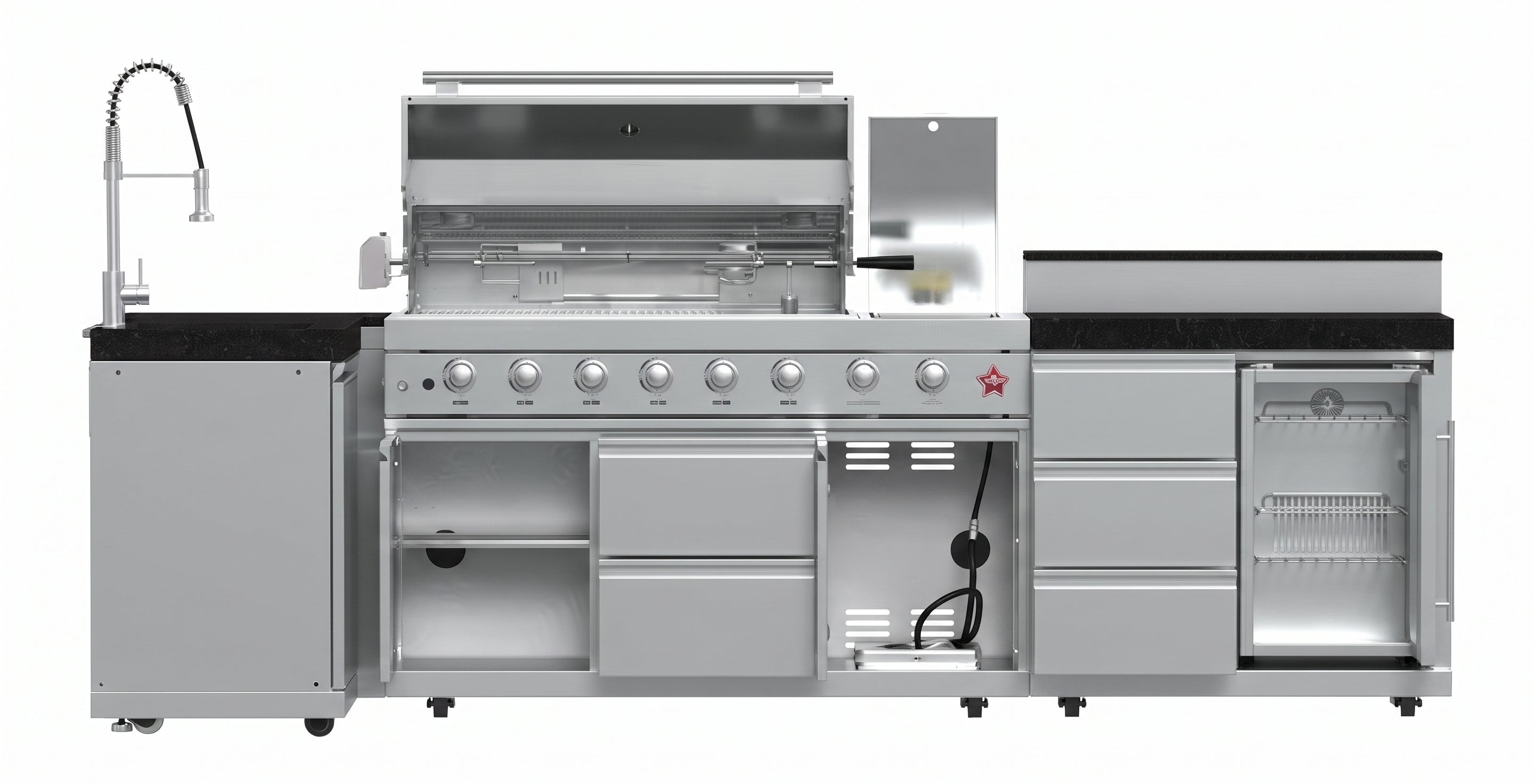 Forno Bulnes 40-Inch BBQ, 95,000 BTU, 5 Burners, Sear & Rotisserie Infrared with Side Burner, Stainless Steel Outdoor Kitchen with 1.8 cu.ft. Beverage Center & Black Granite Countertops