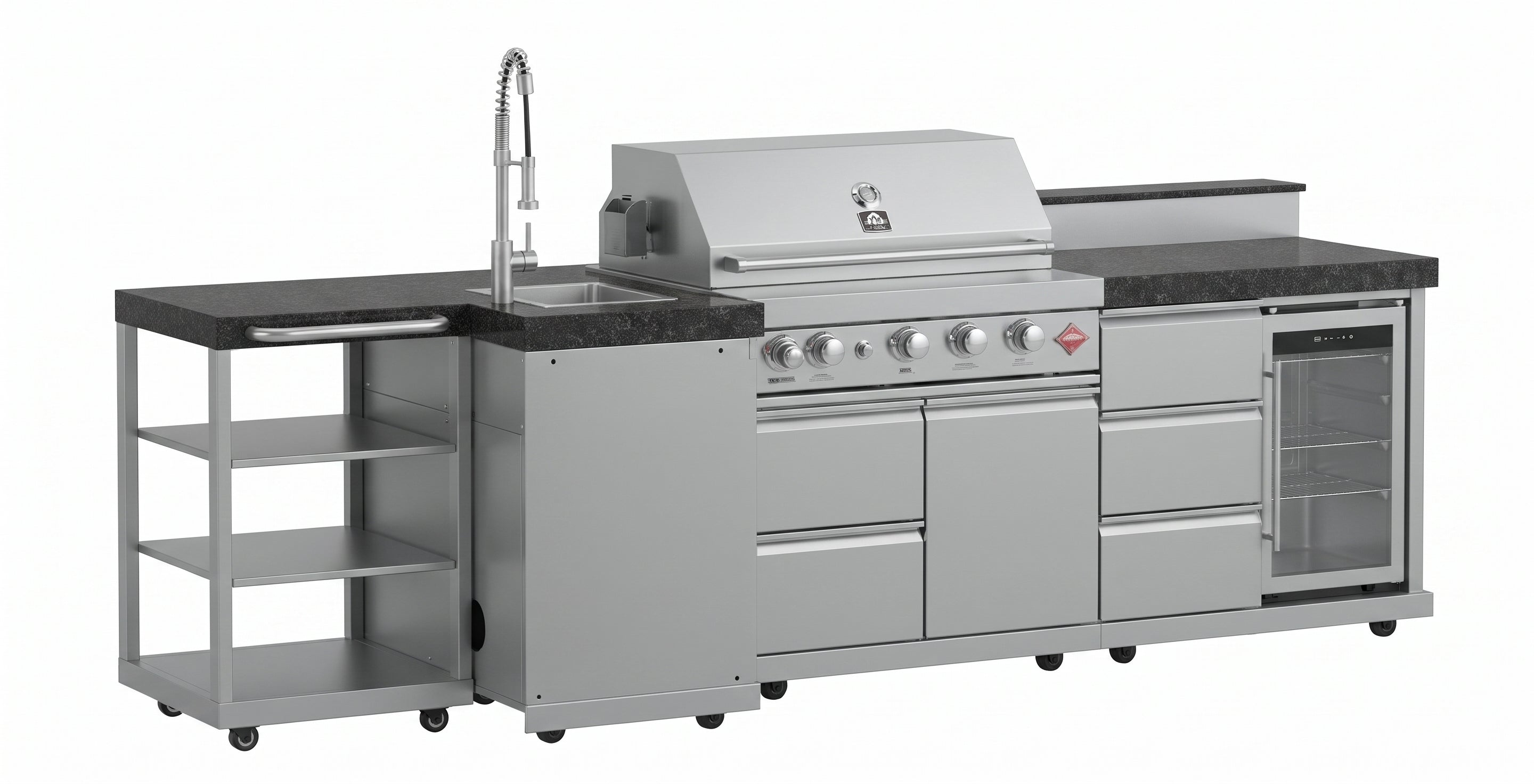 Forno Bulnes 40-Inch BBQ, 95,000 BTU, 5 Burners, Sear & Rotisserie Infrared with Side Burner, Stainless Steel Outdoor Kitchen with 1.8 cu.ft. Beverage Center & Black Granite Countertops