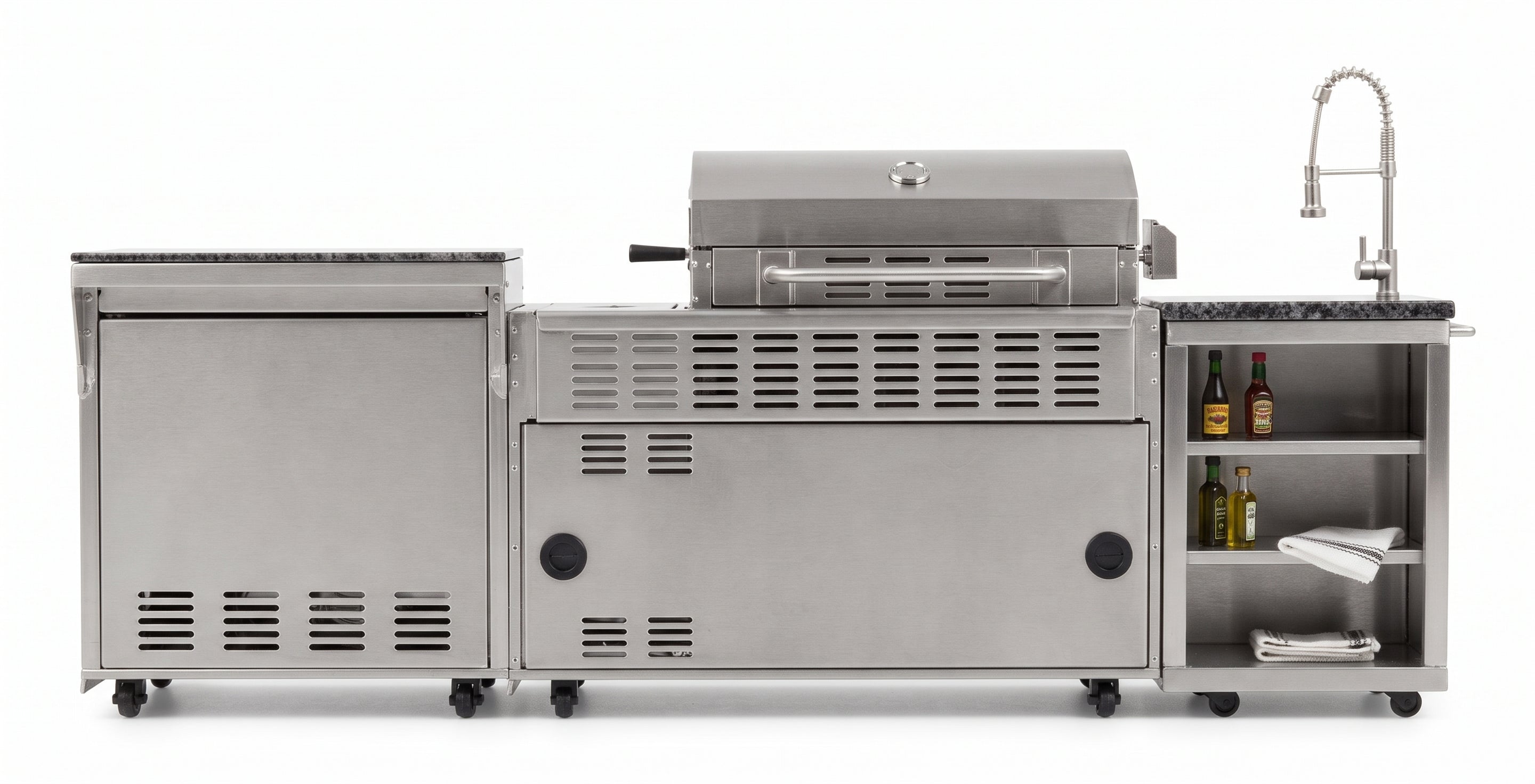 Forno Bulnes 40-Inch BBQ, 95,000 BTU, 5 Burners, Sear & Rotisserie Infrared with Side Burner, Stainless Steel Outdoor Kitchen with 1.8 cu.ft. Beverage Center & Black Granite Countertops