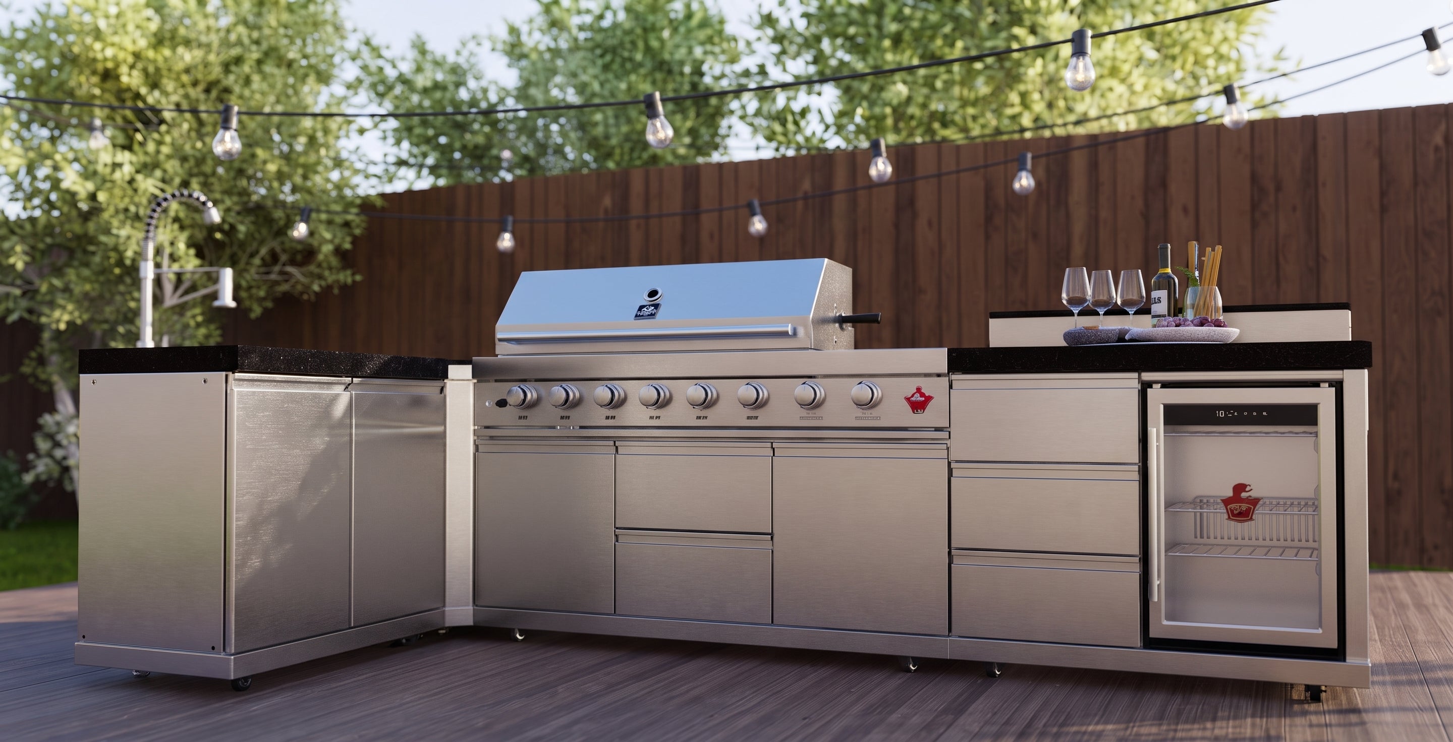 Forno Bulnes 40-Inch BBQ, 95,000 BTU, 5 Burners, Sear & Rotisserie Infrared with Side Burner, Stainless Steel Outdoor Kitchen with 1.8 cu.ft. Beverage Center & Black Granite Countertops