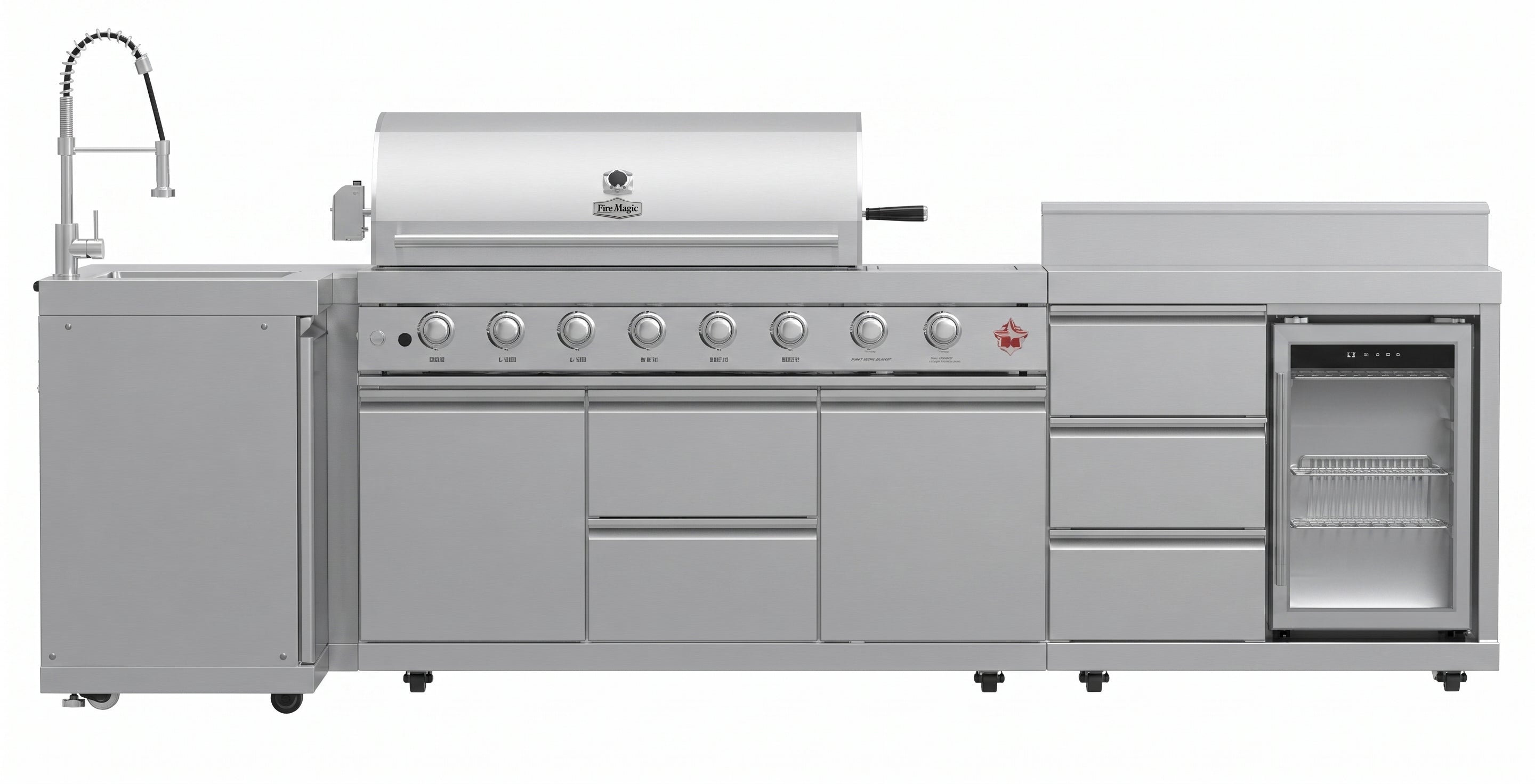 Forno Bulnes 40-Inch BBQ, 95,000 BTU, 5 Burners, Sear & Rotisserie Infrared with Side Burner, Stainless Steel Outdoor Kitchen with 1.8 cu.ft. Beverage Center & White Sintered Stone Countertops