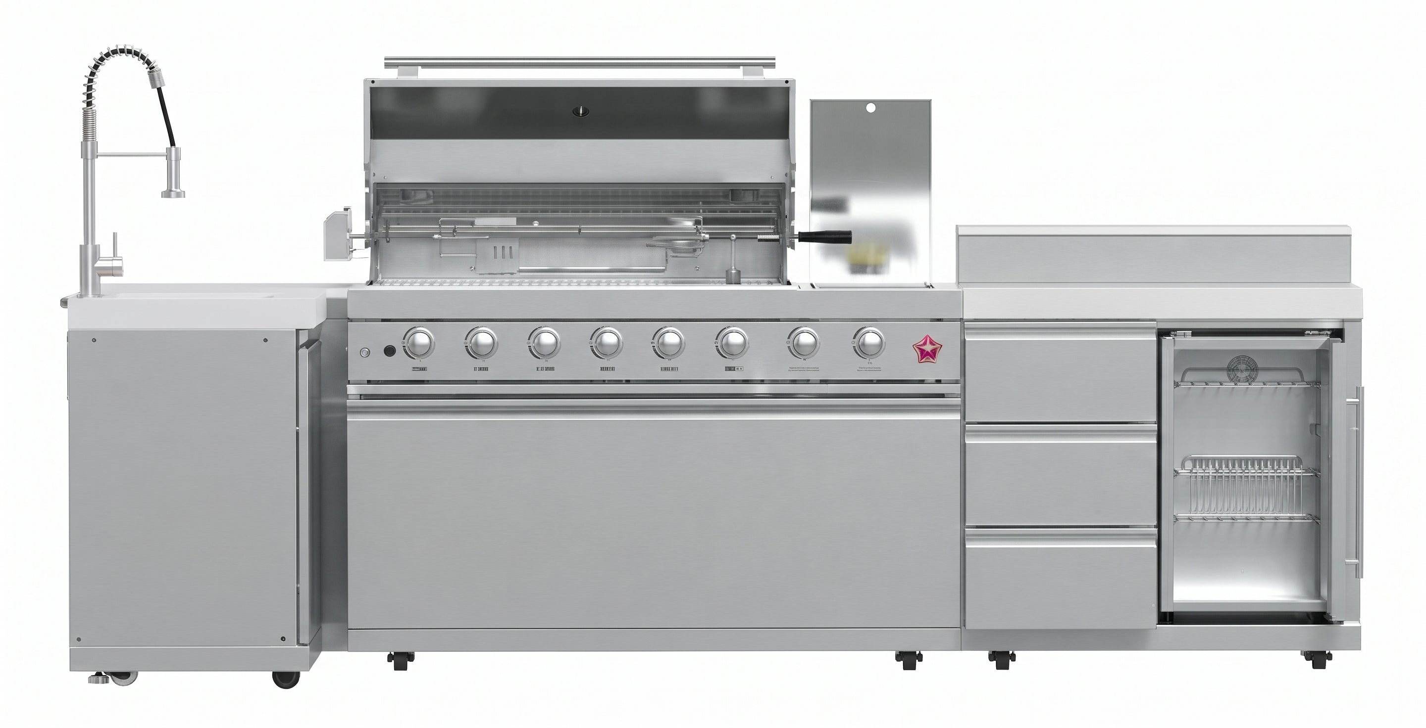 Forno Bulnes 40-Inch BBQ, 95,000 BTU, 5 Burners, Sear & Rotisserie Infrared with Side Burner, Stainless Steel Outdoor Kitchen with 1.8 cu.ft. Beverage Center & White Sintered Stone Countertops