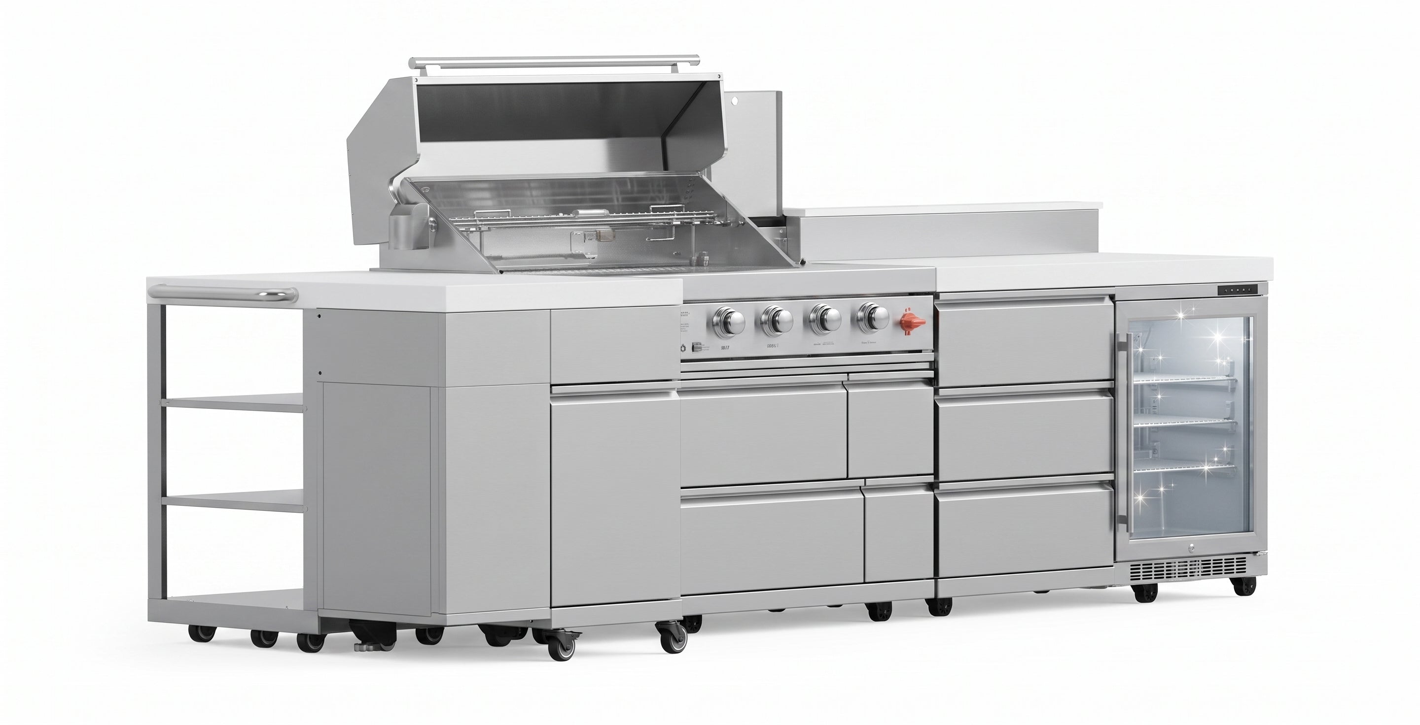 Forno Bulnes 40-Inch BBQ, 95,000 BTU, 5 Burners, Sear & Rotisserie Infrared with Side Burner, Stainless Steel Outdoor Kitchen with 1.8 cu.ft. Beverage Center & White Sintered Stone Countertops