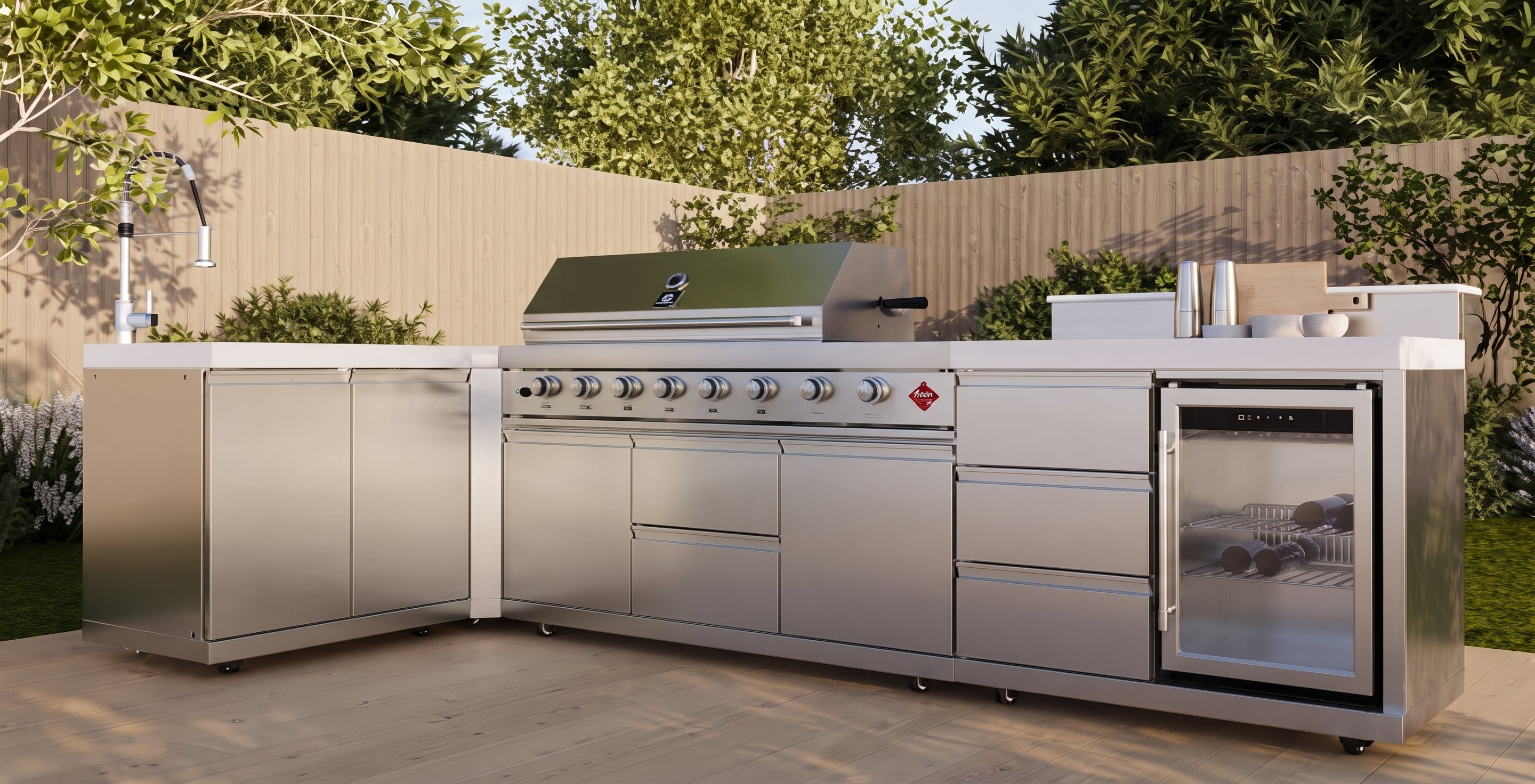 Forno Bulnes 40-Inch BBQ, 95,000 BTU, 5 Burners, Sear & Rotisserie Infrared with Side Burner, Stainless Steel Outdoor Kitchen with 1.8 cu.ft. Beverage Center & White Sintered Stone Countertops