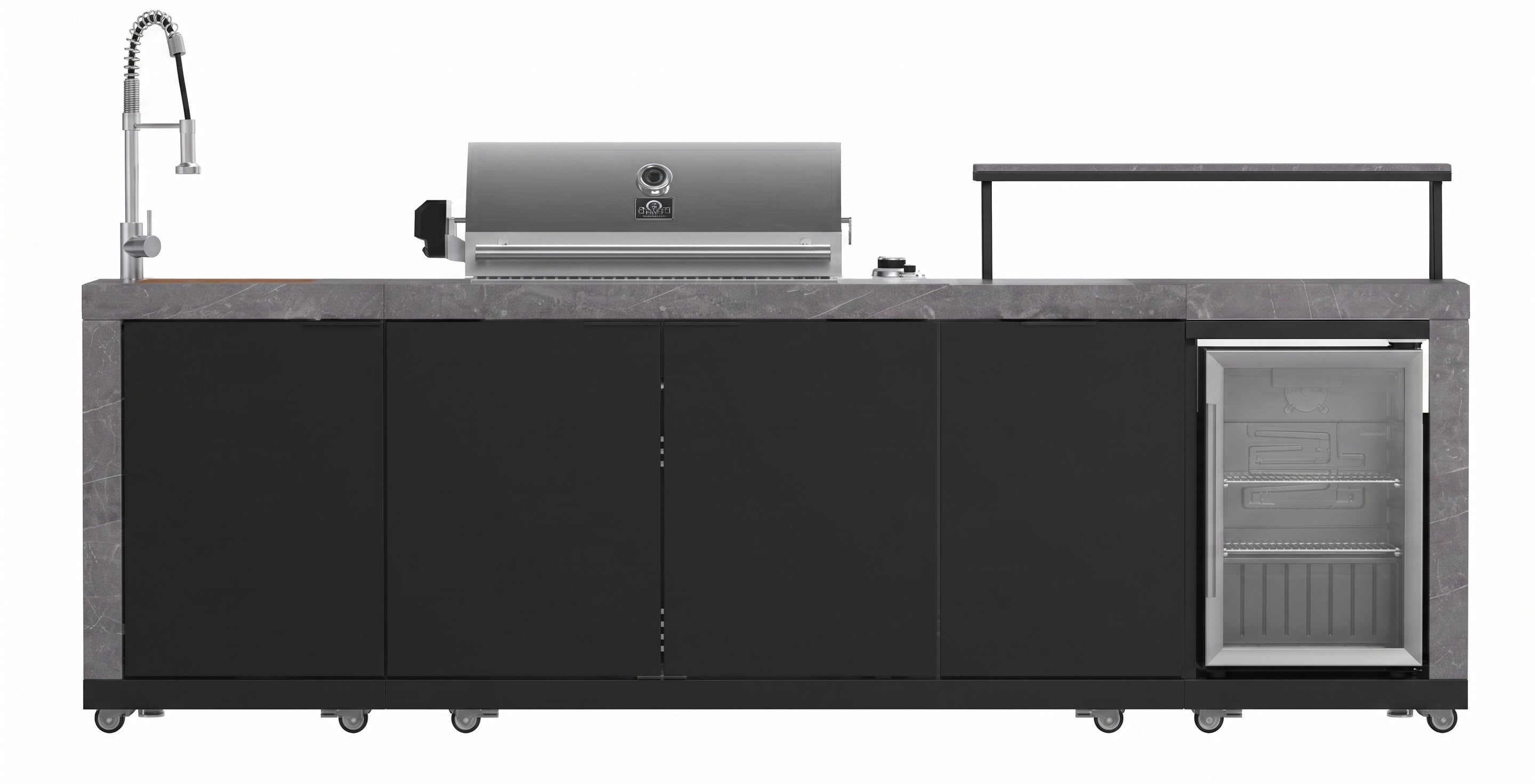 Forno Rimini Outdoor Kitchen 30" BBQ 62,600 BTU, 3 Burners with Sear & Rotisserie, 2.4 cu.ft. Beverage Center, Stainless Steel Sink, Black Cabinets & Gray Sintered Stone Countertop