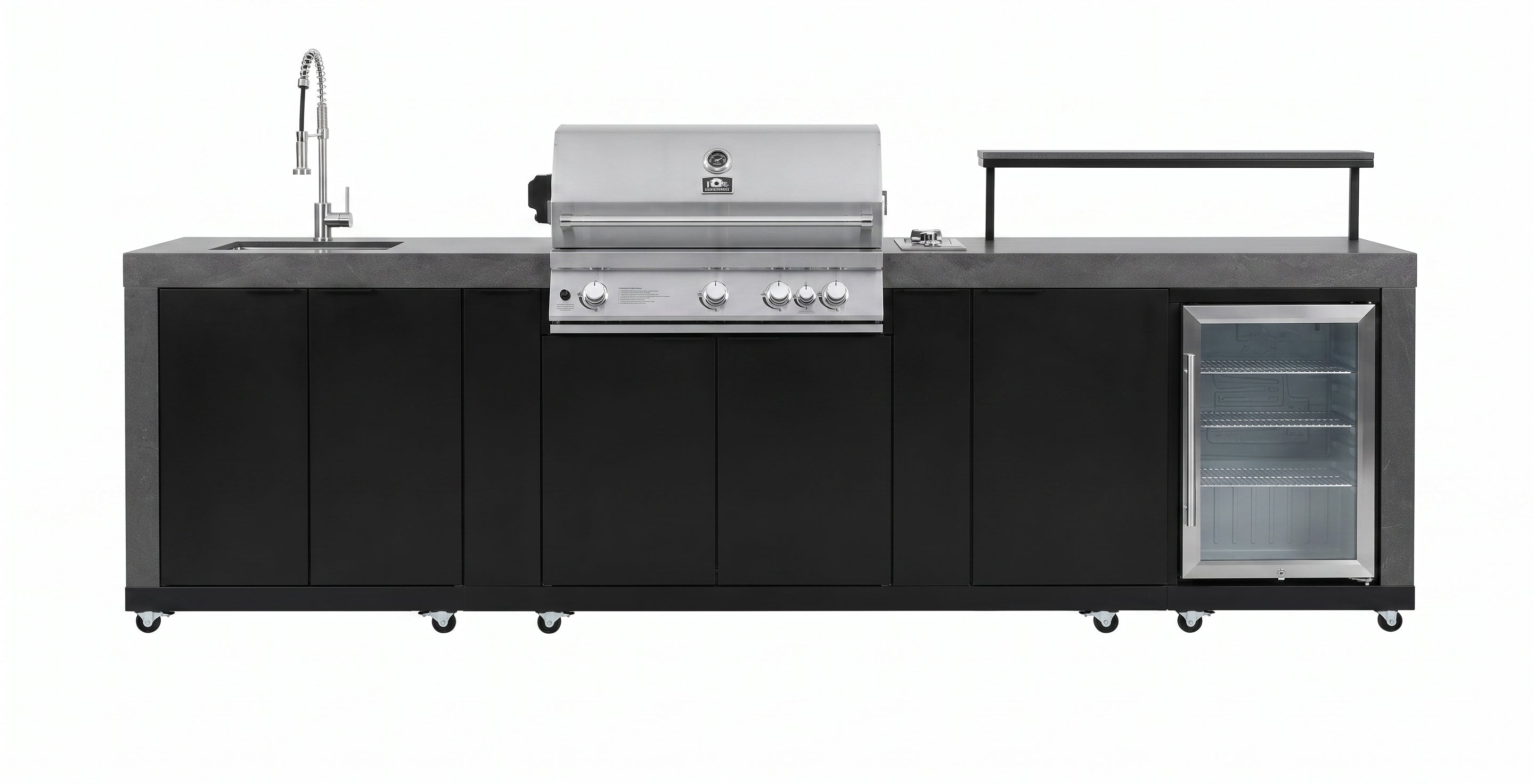 Forno Rimini Outdoor Kitchen 30" BBQ 62,600 BTU, 3 Burners with Sear & Rotisserie, 2.4 cu.ft. Beverage Center, Stainless Steel Sink, Black Cabinets & Gray Sintered Stone Countertop
