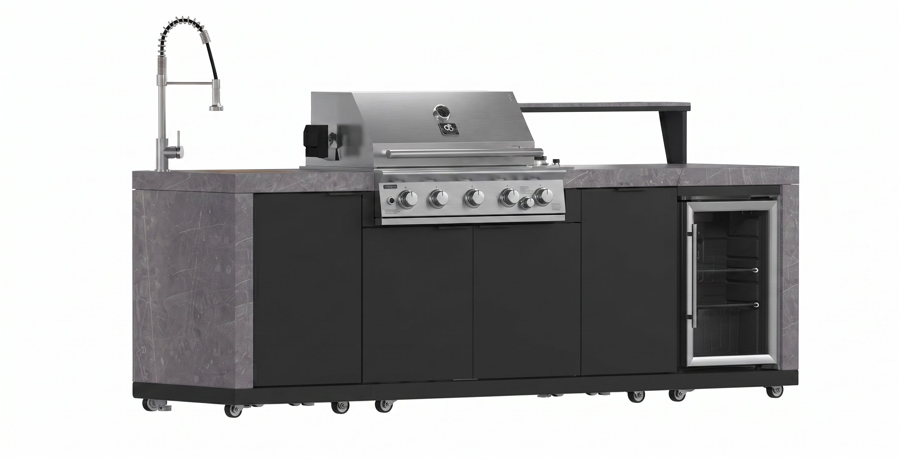 Forno Rimini Outdoor Kitchen 30" BBQ 62,600 BTU, 3 Burners with Sear & Rotisserie, 2.4 cu.ft. Beverage Center, Stainless Steel Sink, Black Cabinets & Gray Sintered Stone Countertop