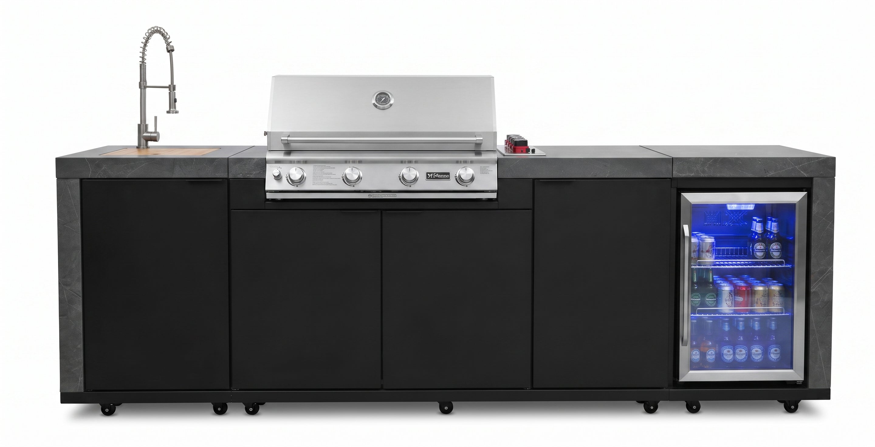 Forno Rimini Outdoor Kitchen 30" BBQ 62,600 BTU, 3 Burners with Sear & Rotisserie, 2.4 cu.ft. Beverage Center, Stainless Steel Sink, Black Cabinets & Gray Sintered Stone Countertop