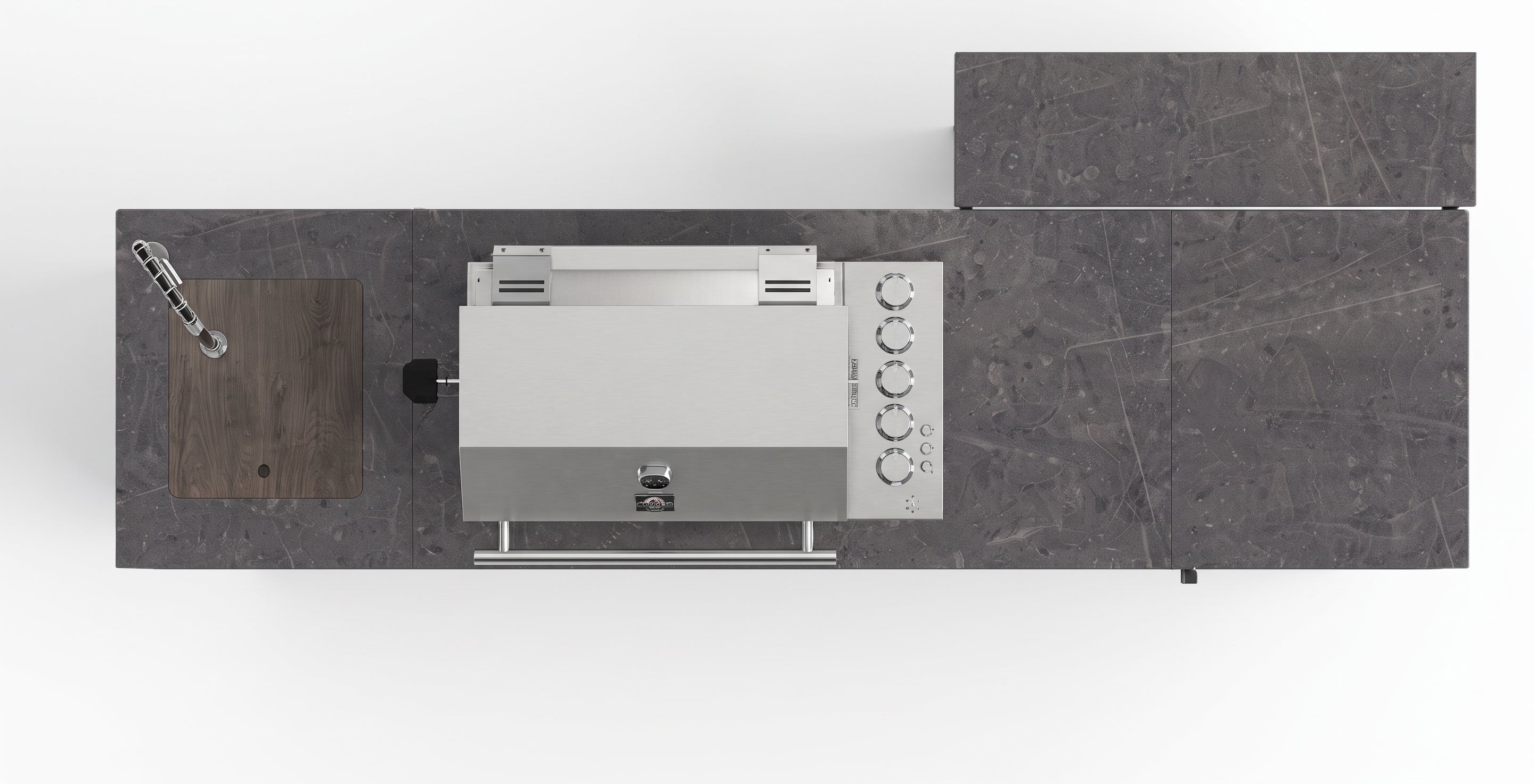 Forno Rimini Outdoor Kitchen 30" BBQ 62,600 BTU, 3 Burners with Sear & Rotisserie, 2.4 cu.ft. Beverage Center, Stainless Steel Sink, Black Cabinets & Gray Sintered Stone Countertop
