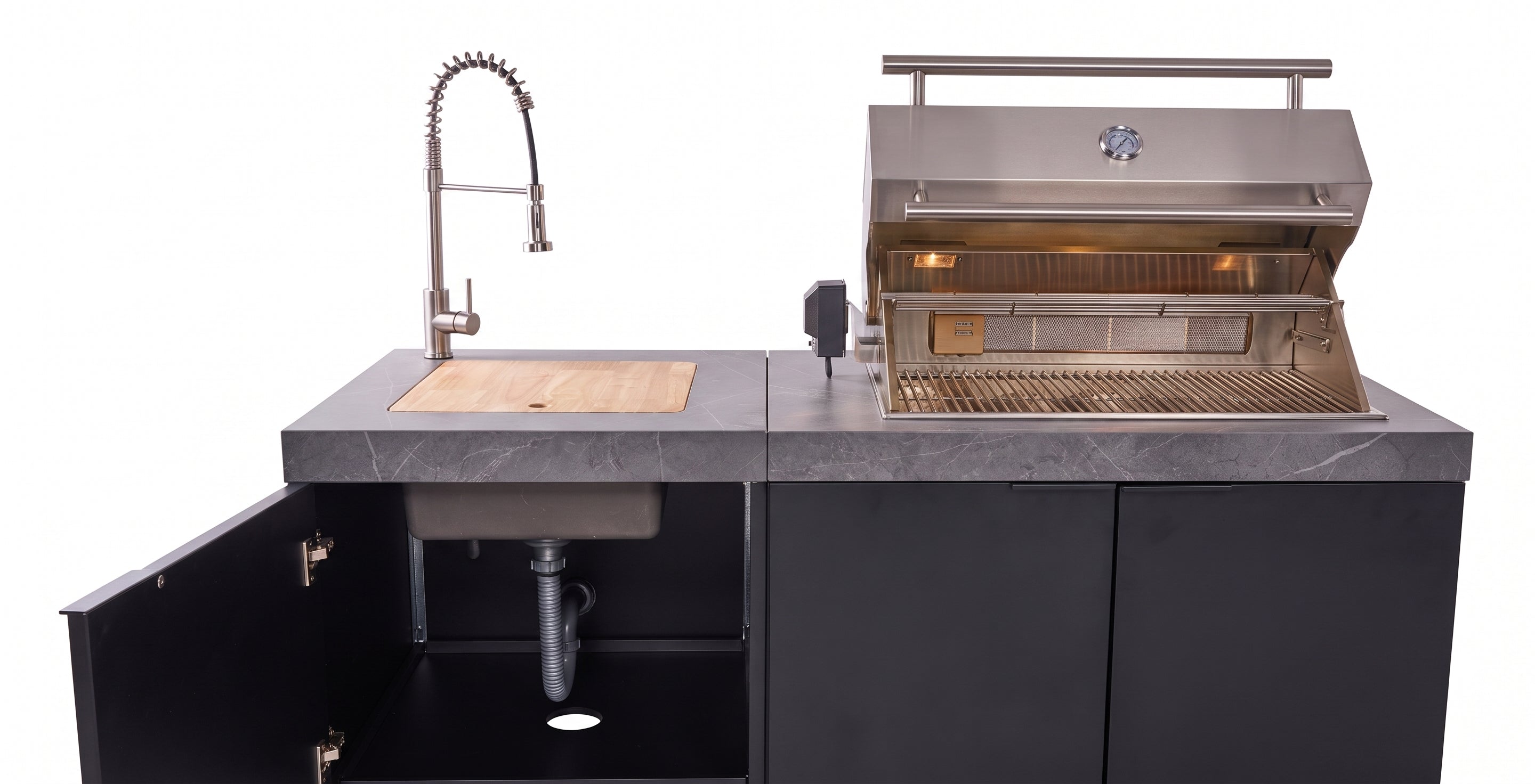 Forno Rimini Outdoor Kitchen 30" BBQ 62,600 BTU, 3 Burners with Sear & Rotisserie, 2.4 cu.ft. Beverage Center, Stainless Steel Sink, Black Cabinets & Gray Sintered Stone Countertop
