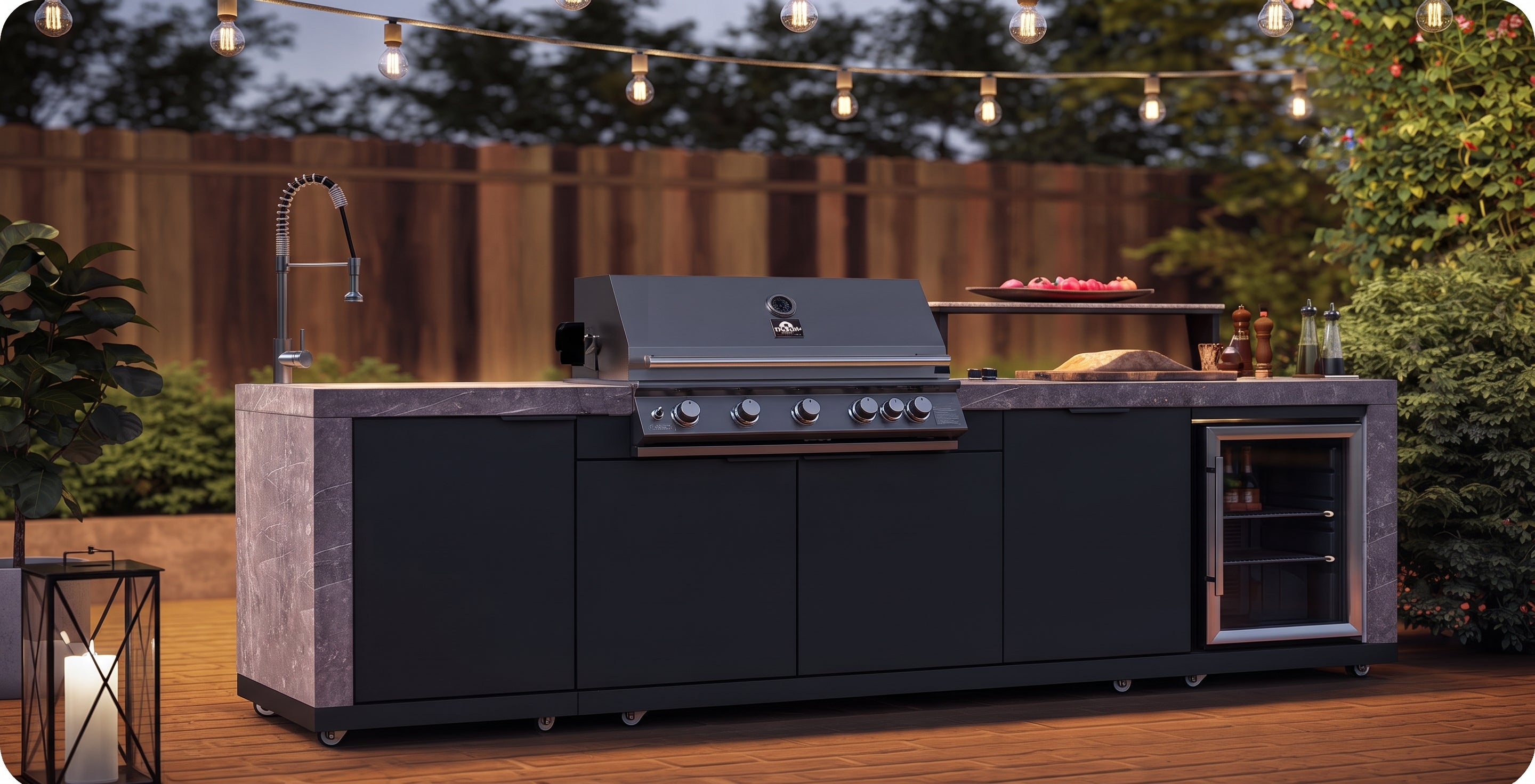 Forno Rimini Outdoor Kitchen 30" BBQ 62,600 BTU, 3 Burners with Sear & Rotisserie, 2.4 cu.ft. Beverage Center, Stainless Steel Sink, Black Cabinets & Gray Sintered Stone Countertop