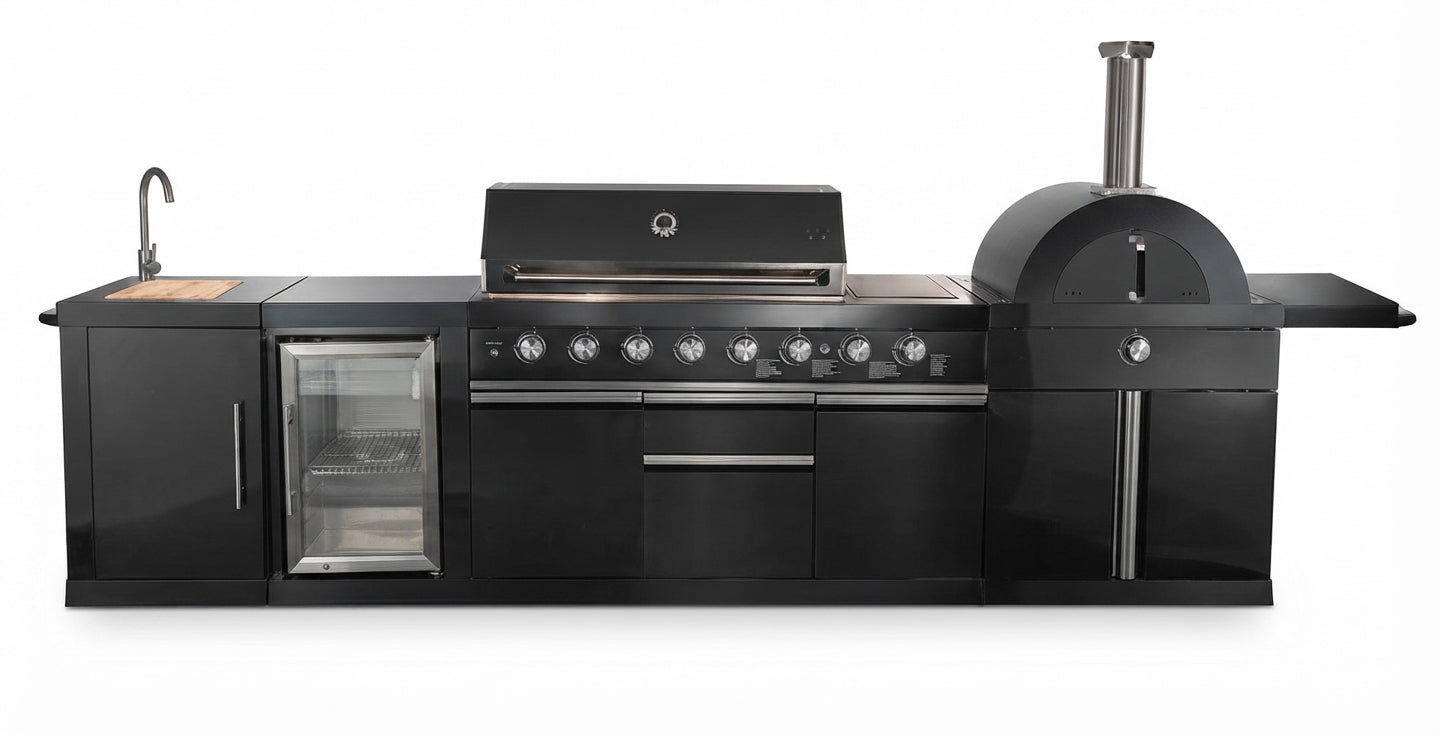 Forno All’Aperto 87,600 BTU Outdoor Kitchen, 4 Burners, Infrared Burners, Side Burner, Black Sintered Stone Countertops, Gas Pizza Oven, Sink Module, Bar & Beverage Center