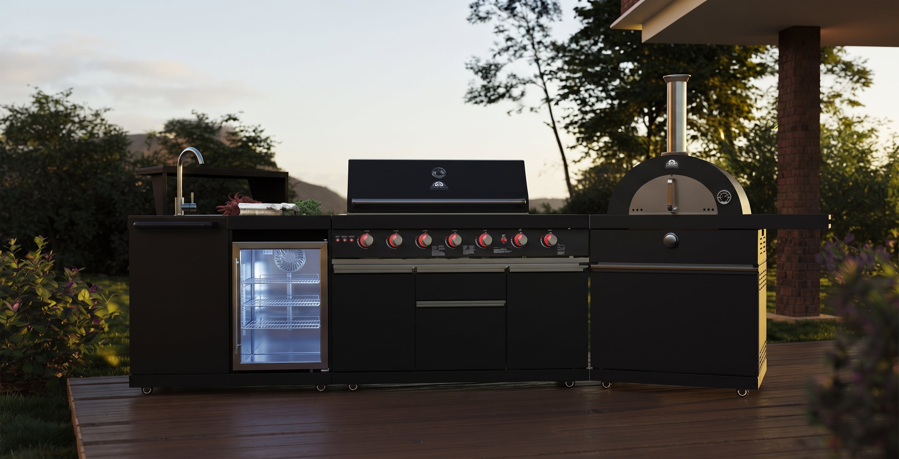 Forno All’Aperto 87,600 BTU Outdoor Kitchen, 4 Burners, Infrared Burners, Side Burner, Black Sintered Stone Countertops, Gas Pizza Oven, Sink Module, Bar & Beverage Center