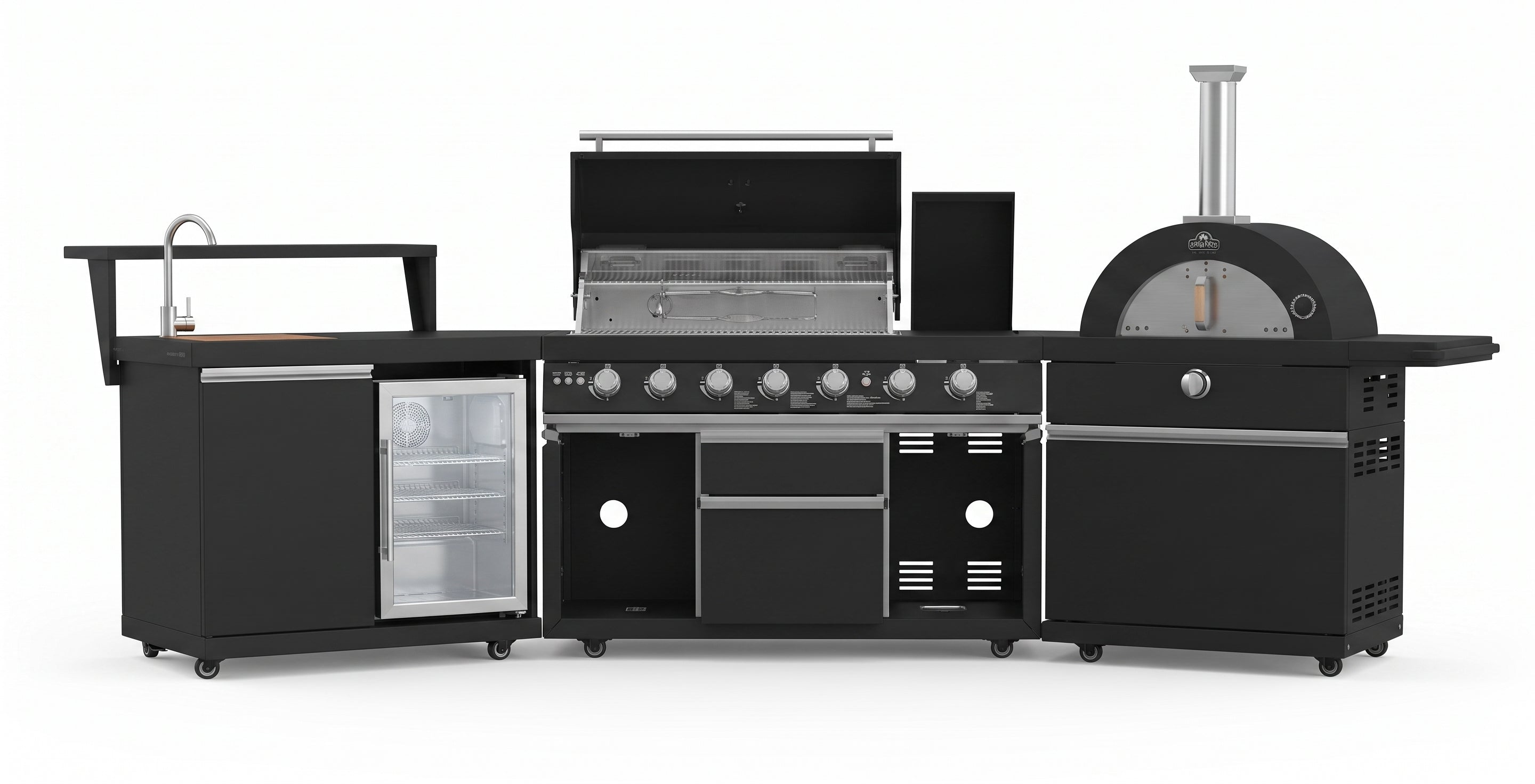 Forno All’Aperto 87,600 BTU Outdoor Kitchen, 4 Burners, Infrared Burners, Side Burner, Black Sintered Stone Countertops, Gas Pizza Oven, Sink Module, Bar & Beverage Center