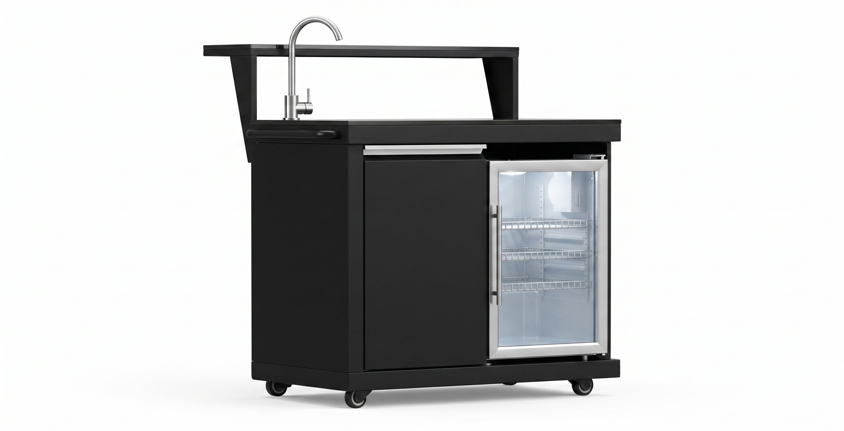Forno All’Aperto 87,600 BTU Outdoor Kitchen, 4 Burners, Infrared Burners, Side Burner, Black Sintered Stone Countertops, Gas Pizza Oven, Sink Module, Bar & Beverage Center