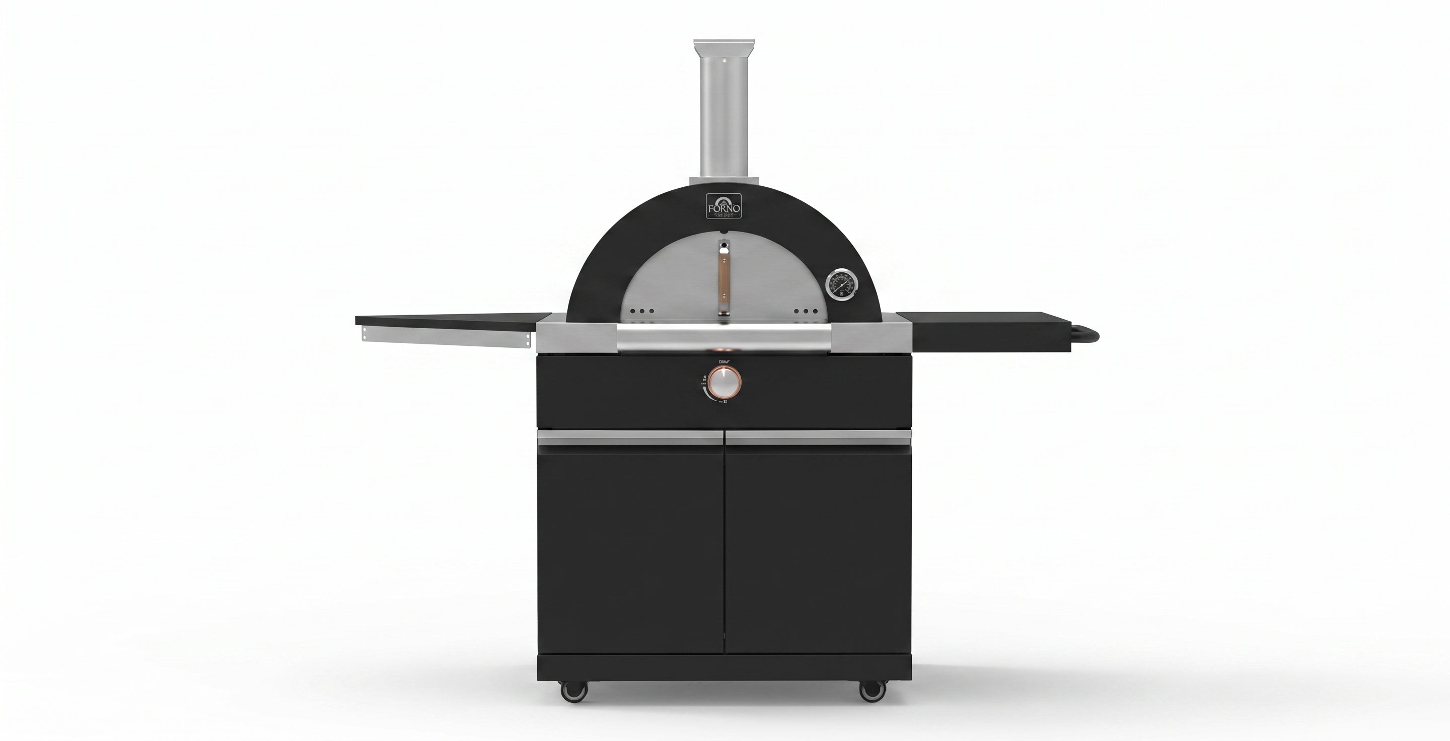 Forno All’Aperto 87,600 BTU Outdoor Kitchen, 4 Burners, Infrared Burners, Side Burner, Black Sintered Stone Countertops, Gas Pizza Oven, Sink Module, Bar & Beverage Center
