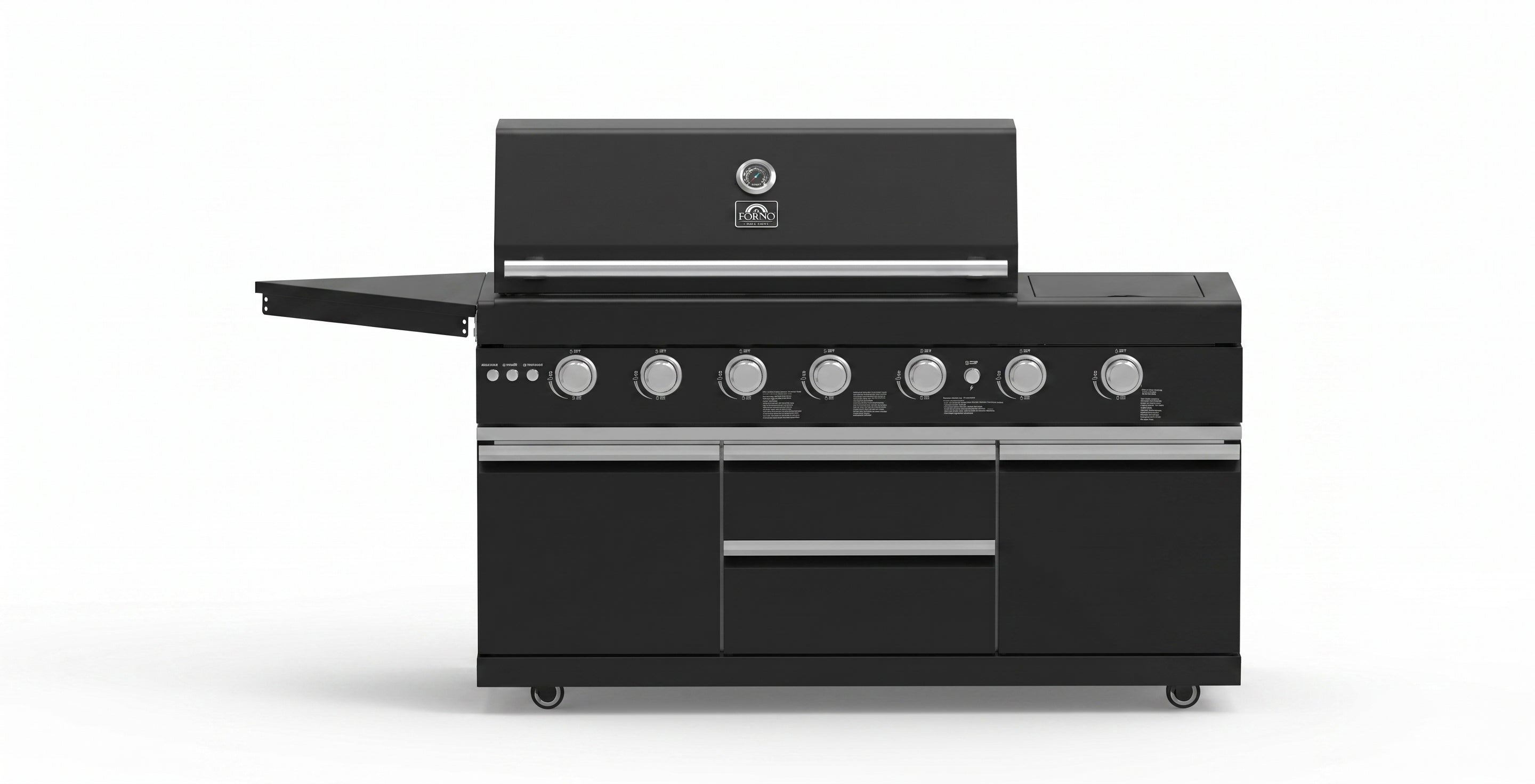 Forno All’Aperto 87,600 BTU Outdoor Kitchen, 4 Burners, Infrared Burners, Side Burner, Black Sintered Stone Countertops, Gas Pizza Oven, Sink Module, Bar & Beverage Center