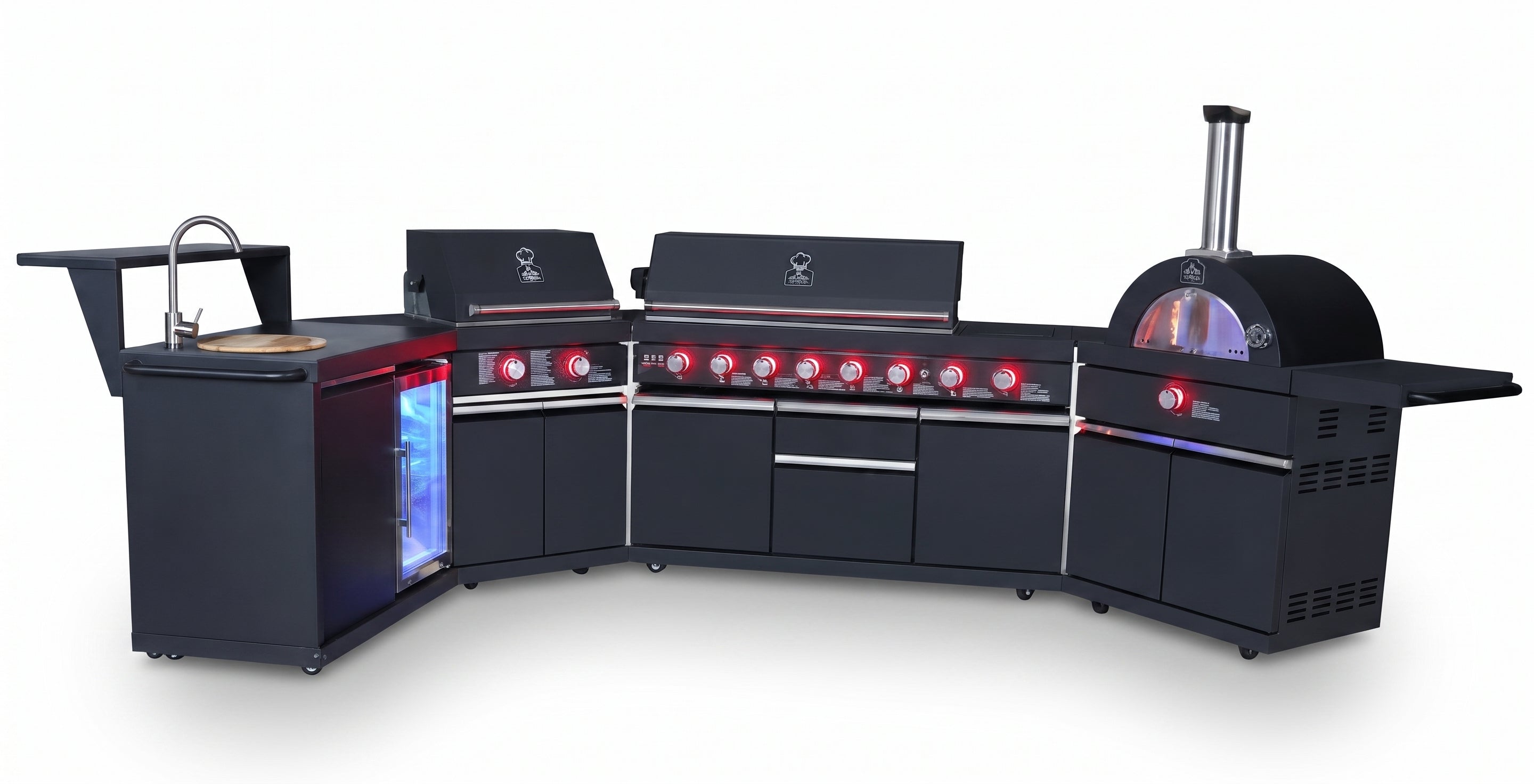 Forno All’Aperto 99,600 BTU Outdoor Kitchen, 5 Burners, Infrared Burners, Side Burner, Black Sintered Stone Countertops, Gas Pizza Oven, Sink Module, Bar & Beverage Center