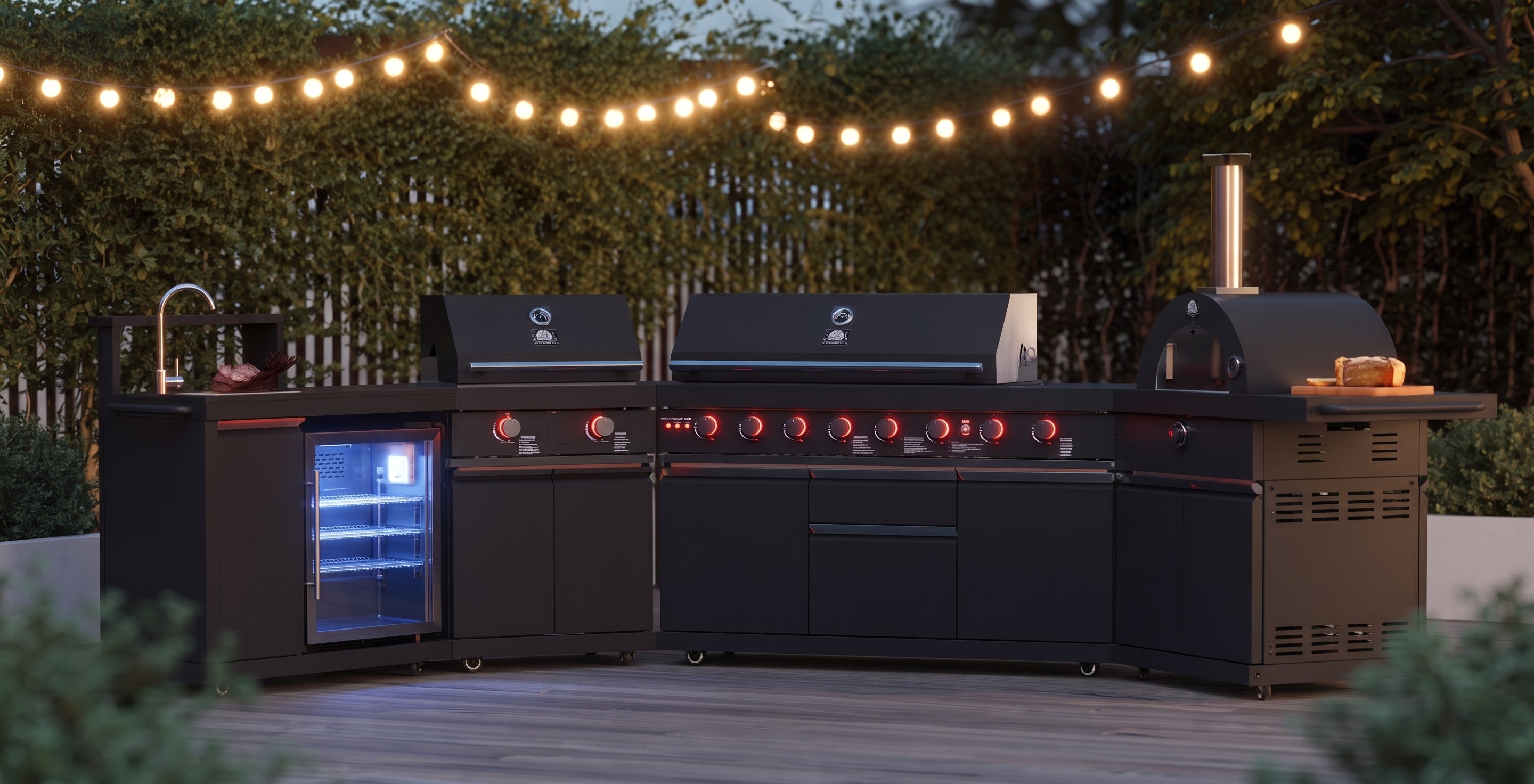 Forno All’Aperto 99,600 BTU Outdoor Kitchen, 5 Burners, Infrared Burners, Side Burner, Black Sintered Stone Countertops, Gas Pizza Oven, Sink Module, Bar & Beverage Center