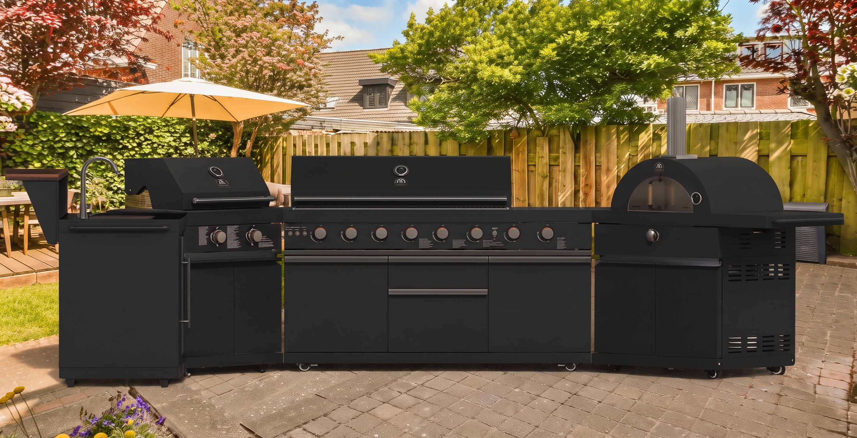 Forno All’Aperto 99,600 BTU Outdoor Kitchen, 5 Burners, Infrared Burners, Side Burner, Black Sintered Stone Countertops, Gas Pizza Oven, Sink Module, Bar & Beverage Center
