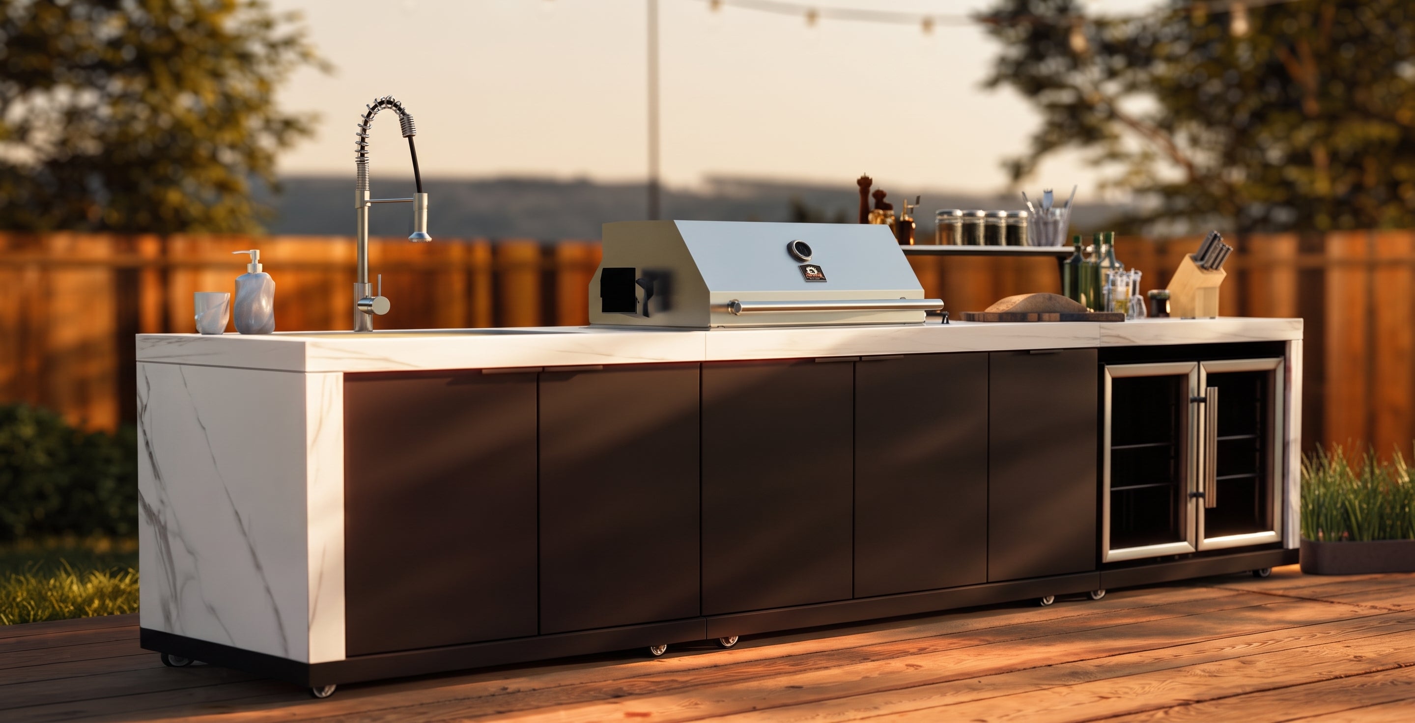 Forno Rimini Outdoor Kitchen: 30" BBQ 62,600 BTU, 4.8 cu.ft. Refrigerators, White Countertops SKU:FODKT2575WHT - Majic Backyard