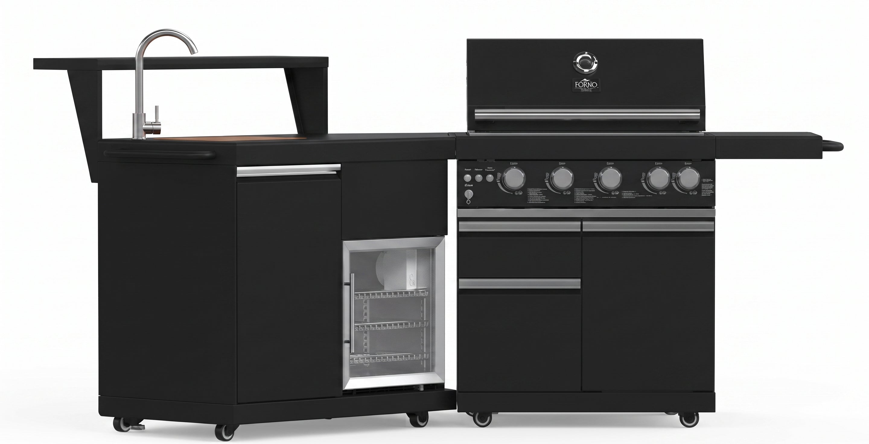 Forno All’Aperto 62,600 BTU BBQ, 3 Stainless Steel Burners, Infrared Burners, Sink Module, Black Sintered Stone Countertops, Bar and Beverage Center