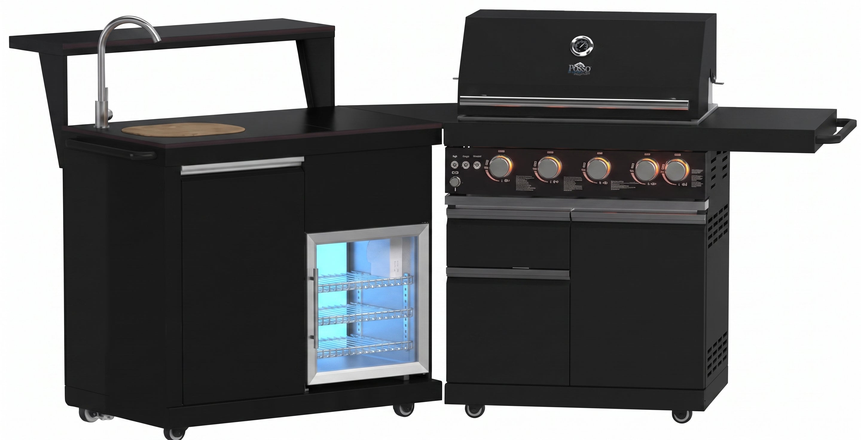 Forno All’Aperto 62,600 BTU BBQ, 3 Stainless Steel Burners, Infrared Burners, Sink Module, Black Sintered Stone Countertops, Bar and Beverage Center