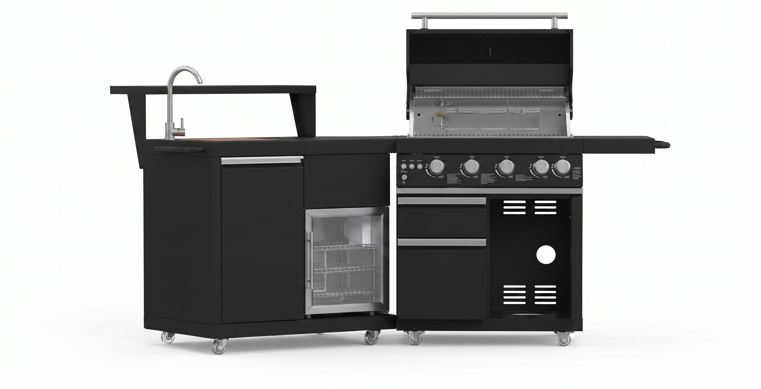 Forno All’Aperto 62,600 BTU BBQ, 3 Stainless Steel Burners, Infrared Burners, Sink Module, Black Sintered Stone Countertops, Bar and Beverage Center
