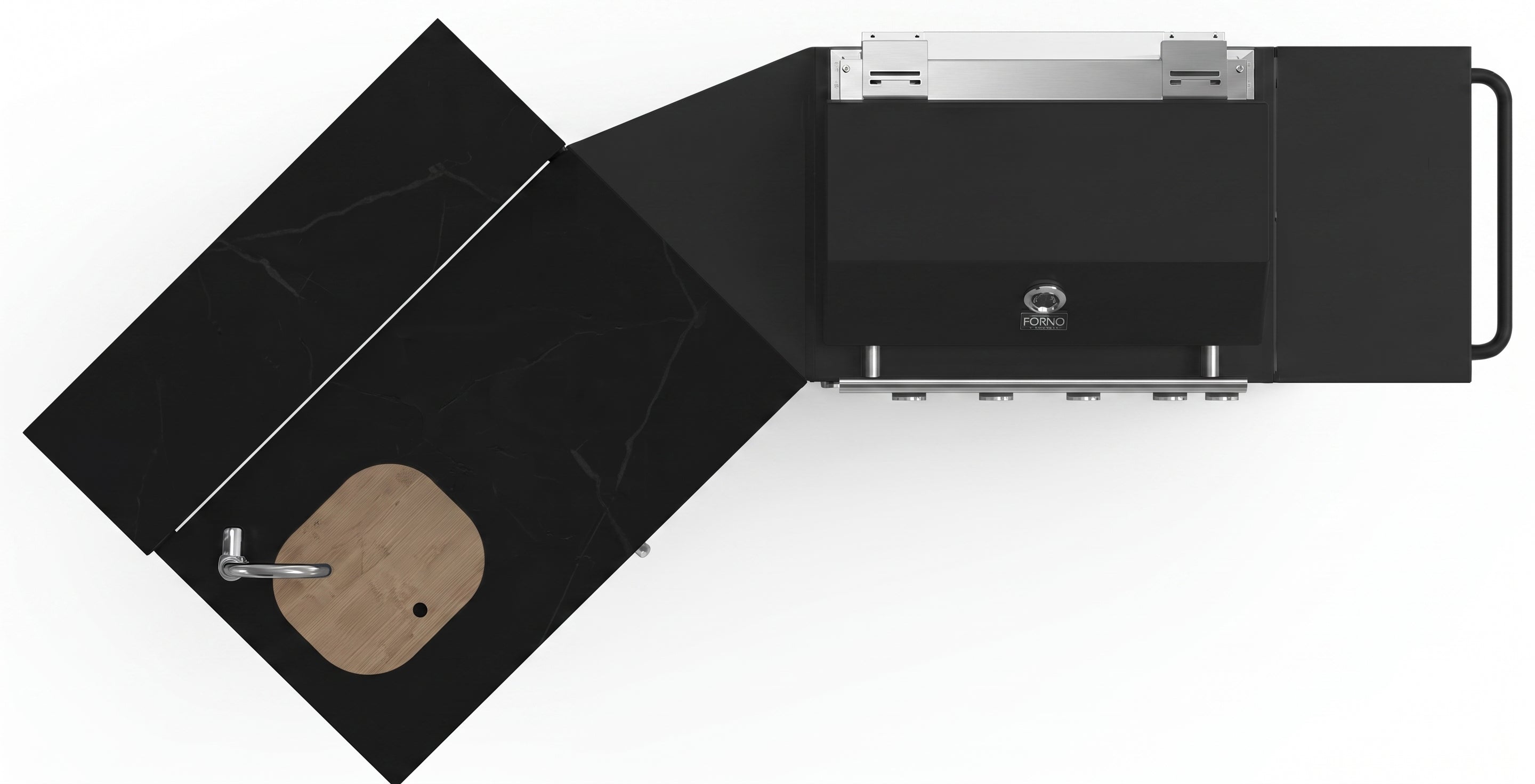 Forno All’Aperto 62,600 BTU BBQ, 3 Stainless Steel Burners, Infrared Burners, Sink Module, Black Sintered Stone Countertops, Bar and Beverage Center
