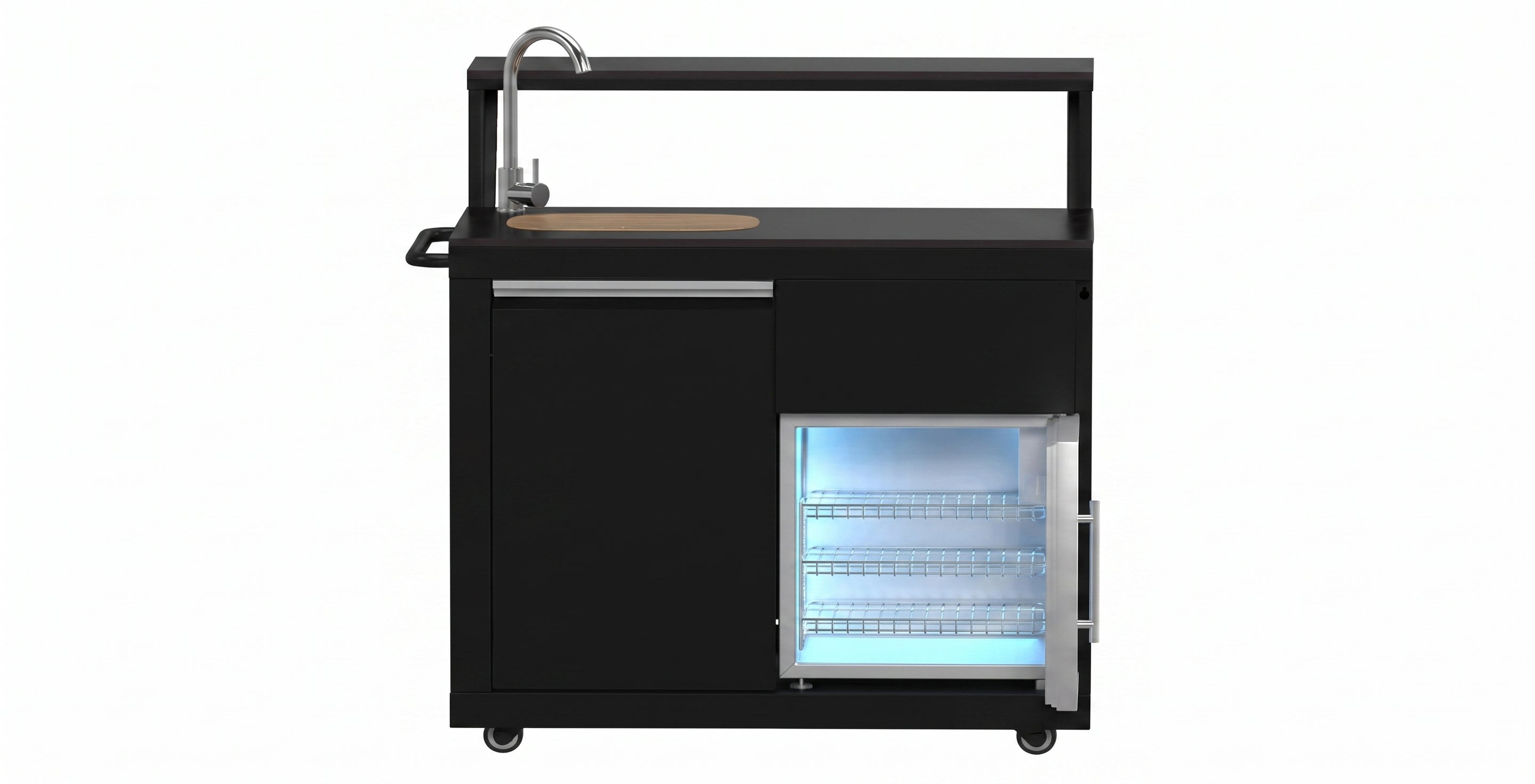 Forno All’Aperto 62,600 BTU BBQ, 3 Stainless Steel Burners, Infrared Burners, Sink Module, Black Sintered Stone Countertops, Bar and Beverage Center