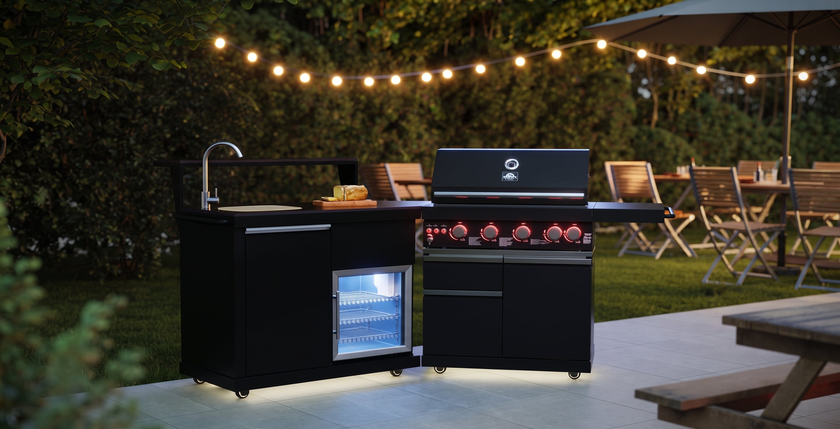 Forno All’Aperto 62,600 BTU BBQ, 3 Stainless Steel Burners, Infrared Burners, Sink Module, Black Sintered Stone Countertops, Bar and Beverage Center