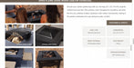 A collage-style product page showing a black outdoor fire pit with several inset photos of people using it, plus text panels with features and dimensions. The main product appears to be a square black fire pit table/pil with optional swing and screen accessories.