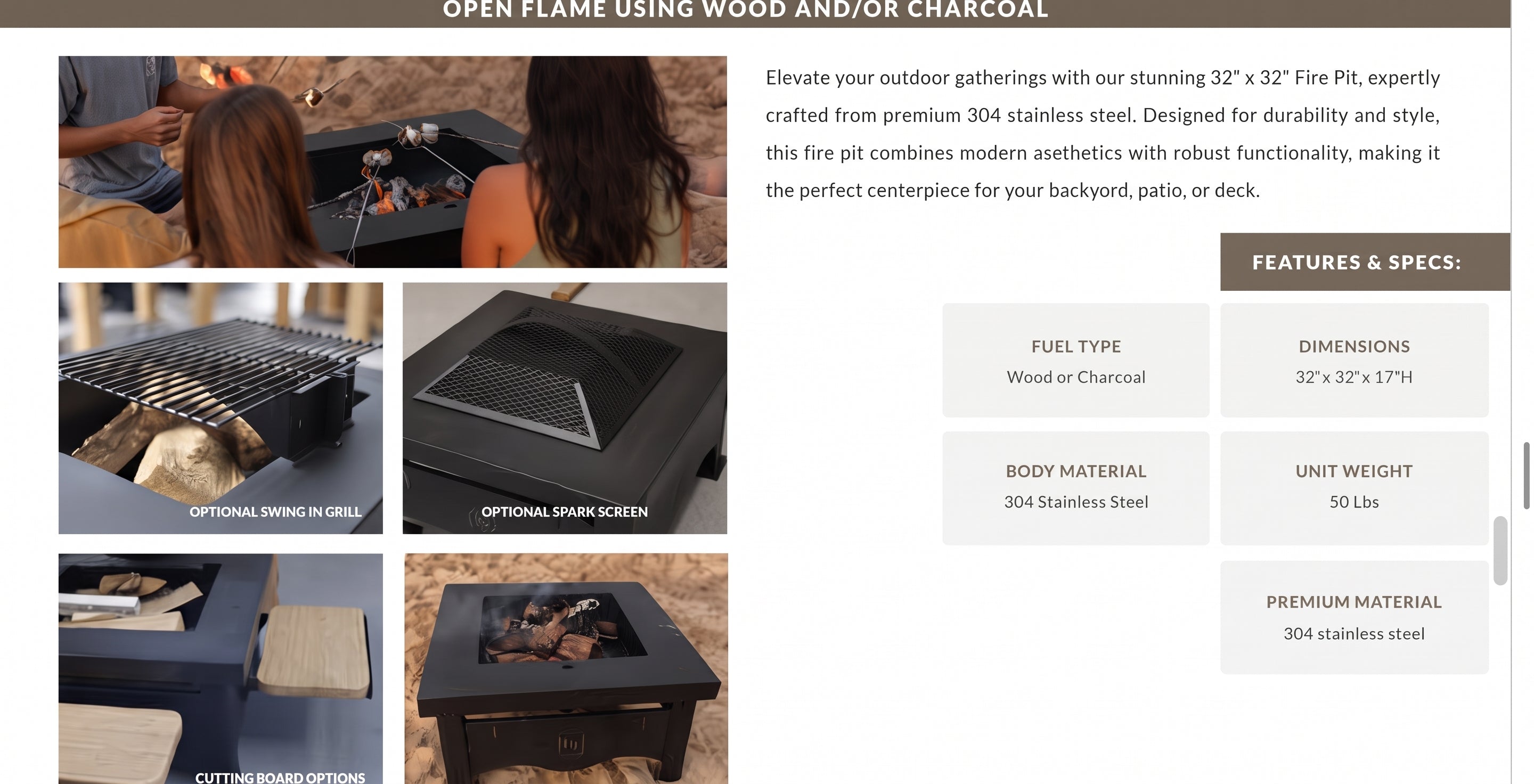 A collage-style product page showing a black outdoor fire pit with several inset photos of people using it, plus text panels with features and dimensions. The main product appears to be a square black fire pit table/pil with optional swing and screen accessories.