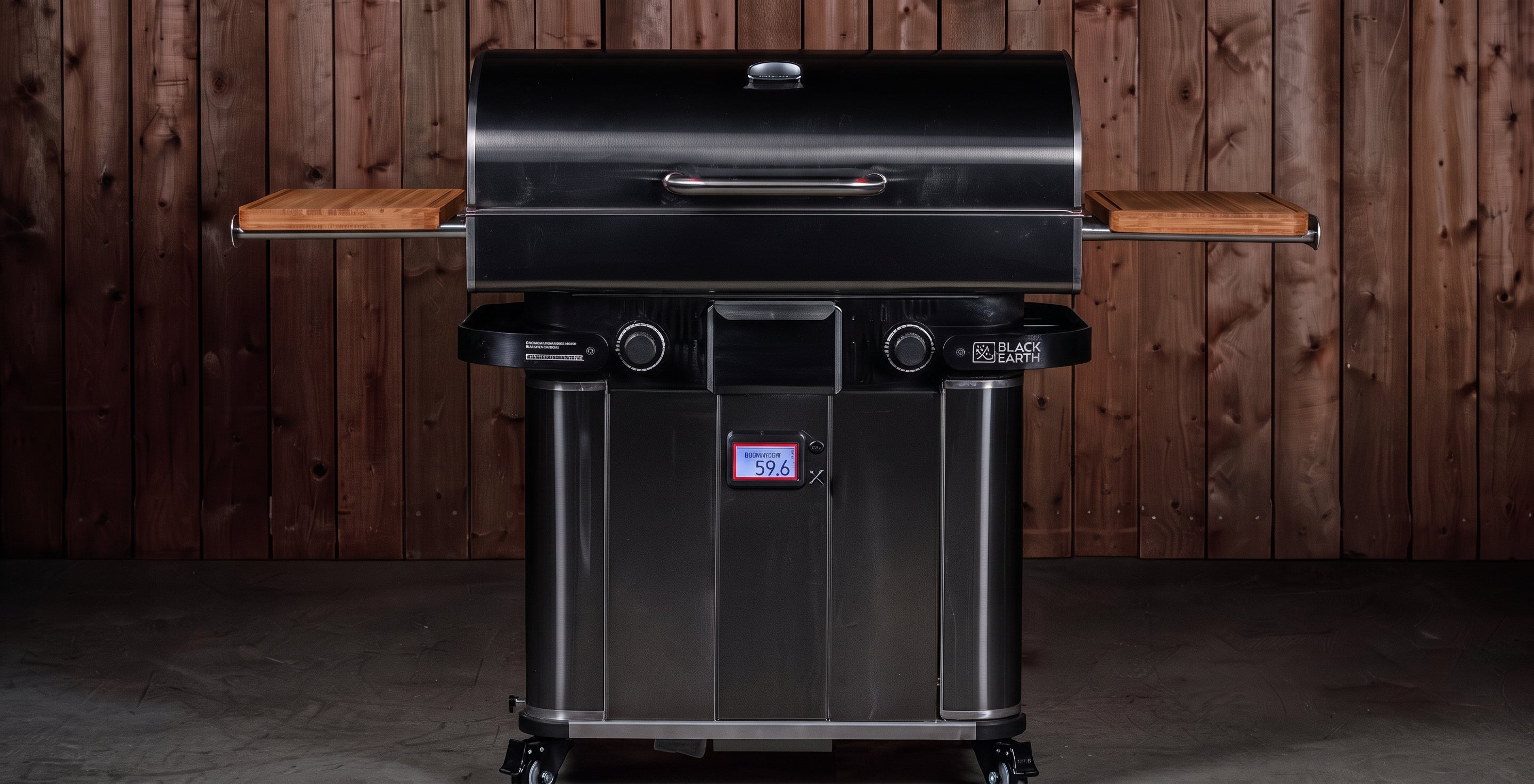 A black pellet grill with side shelves on a wheeled cart, set against a dark wood plank wall.