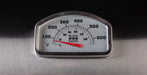 A close-up of a Black Earth thermometer gauge with Fahrenheit and Celsius scales, mounted on a brushed metal surface against a dark background.