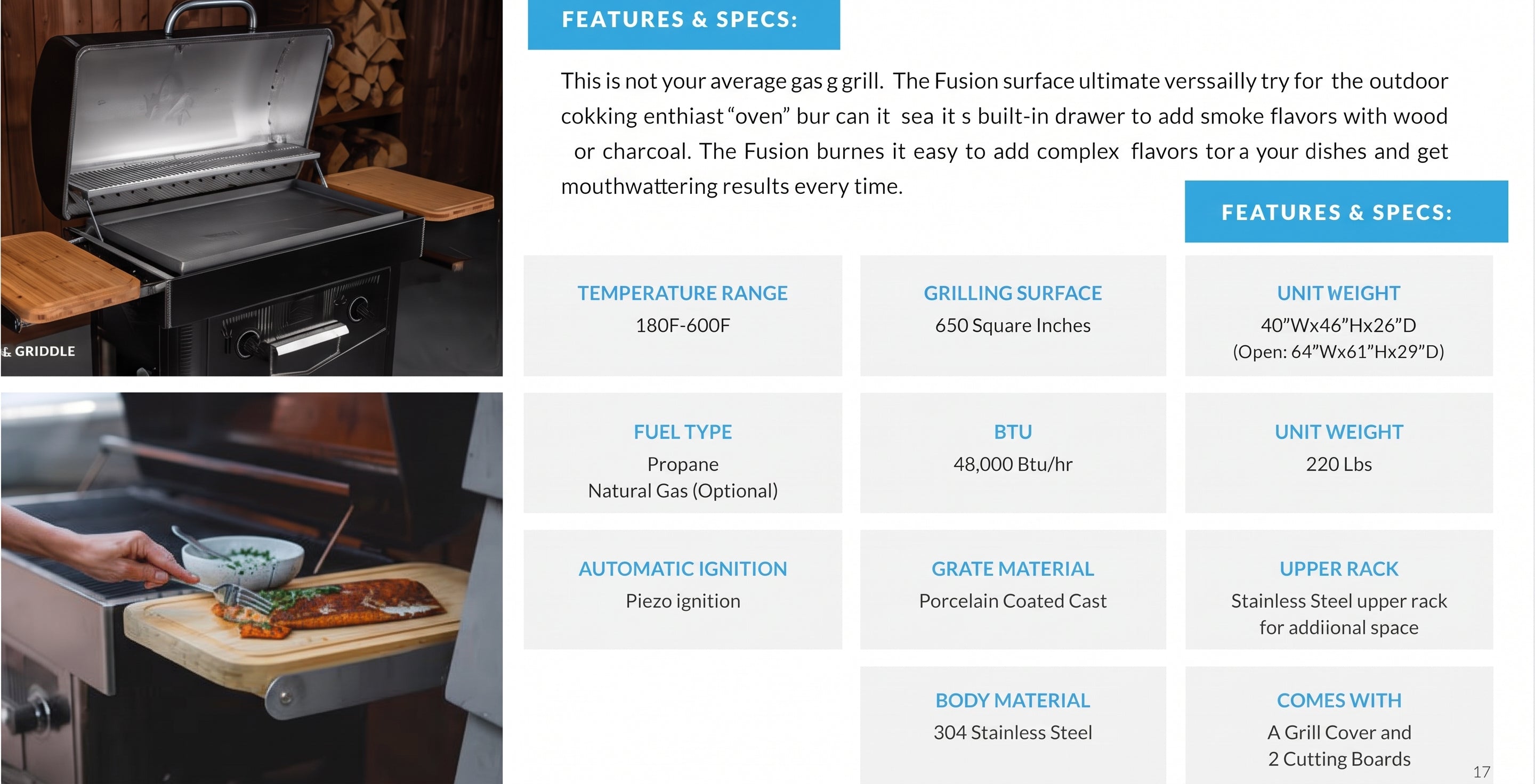 A promotional product page for a gas grill, showing a stainless steel grill on the left and a detailed feature/specs table on the right. The page includes text describing the grill's temperature range, fuel type, BTU, grate material, and other specifications.