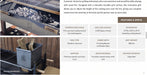 A promotional page for a charcoal grill, showing two product photos and a features/specs table. The top photo shows the open grill with charcoal inside and a wooden lid or cover partially visible.
