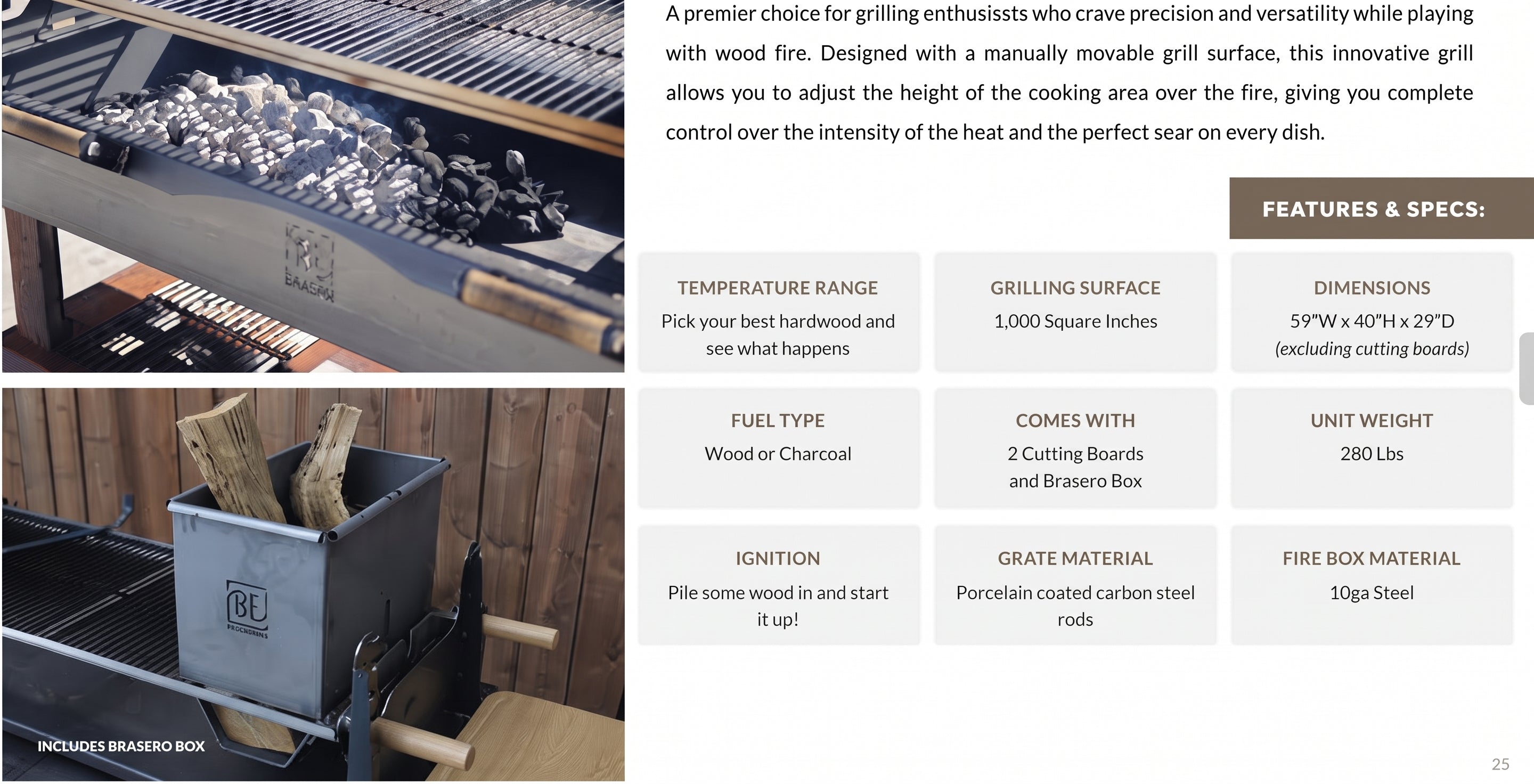 A promotional page for a charcoal grill, showing two product photos and a features/specs table. The top photo shows the open grill with charcoal inside and a wooden lid or cover partially visible.