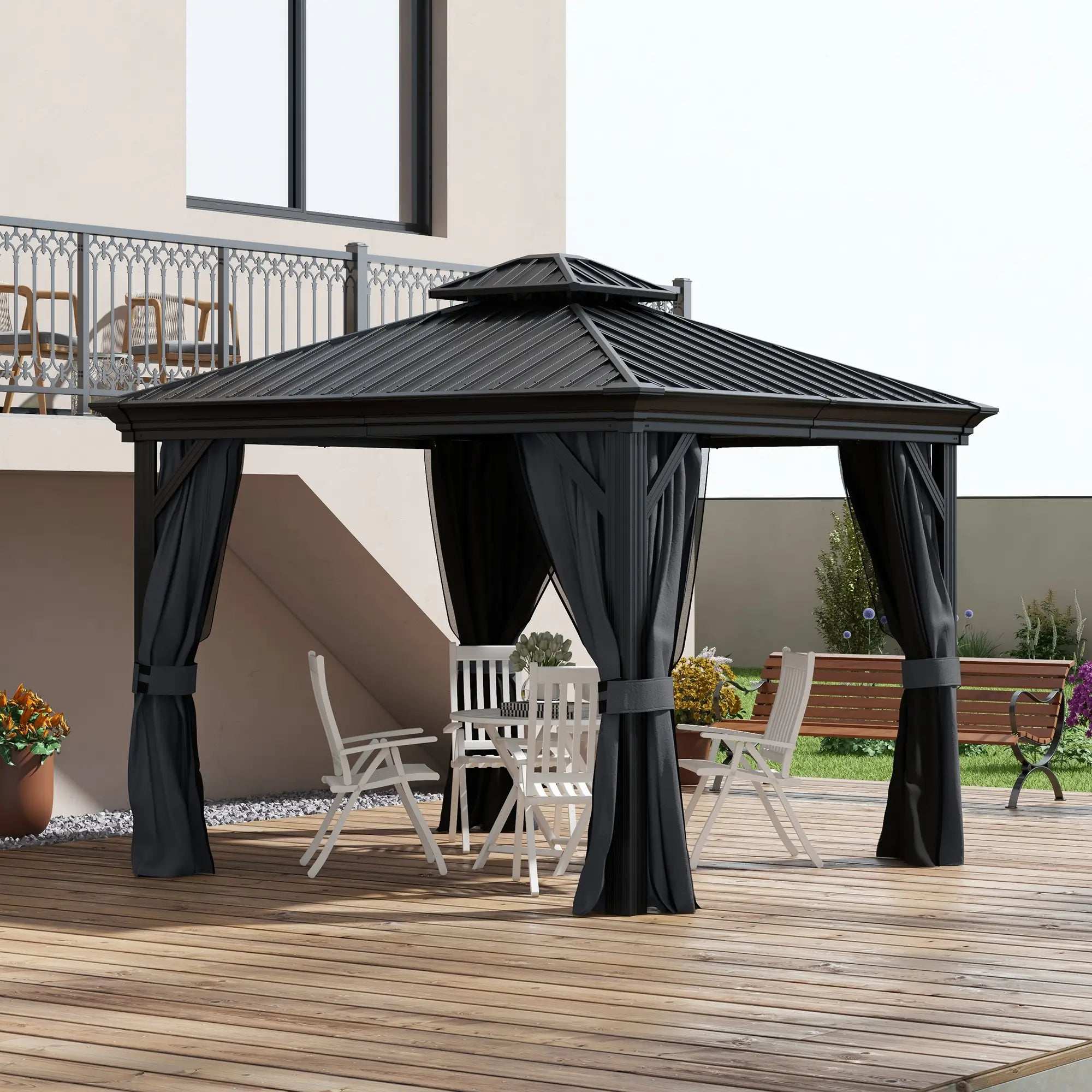 Outsunny 10' x 12' Outdoor Hardtop Gazebo with Galvanized Canopy & Netting Sidewalls for Lawn, Backyard - Majic Backyard