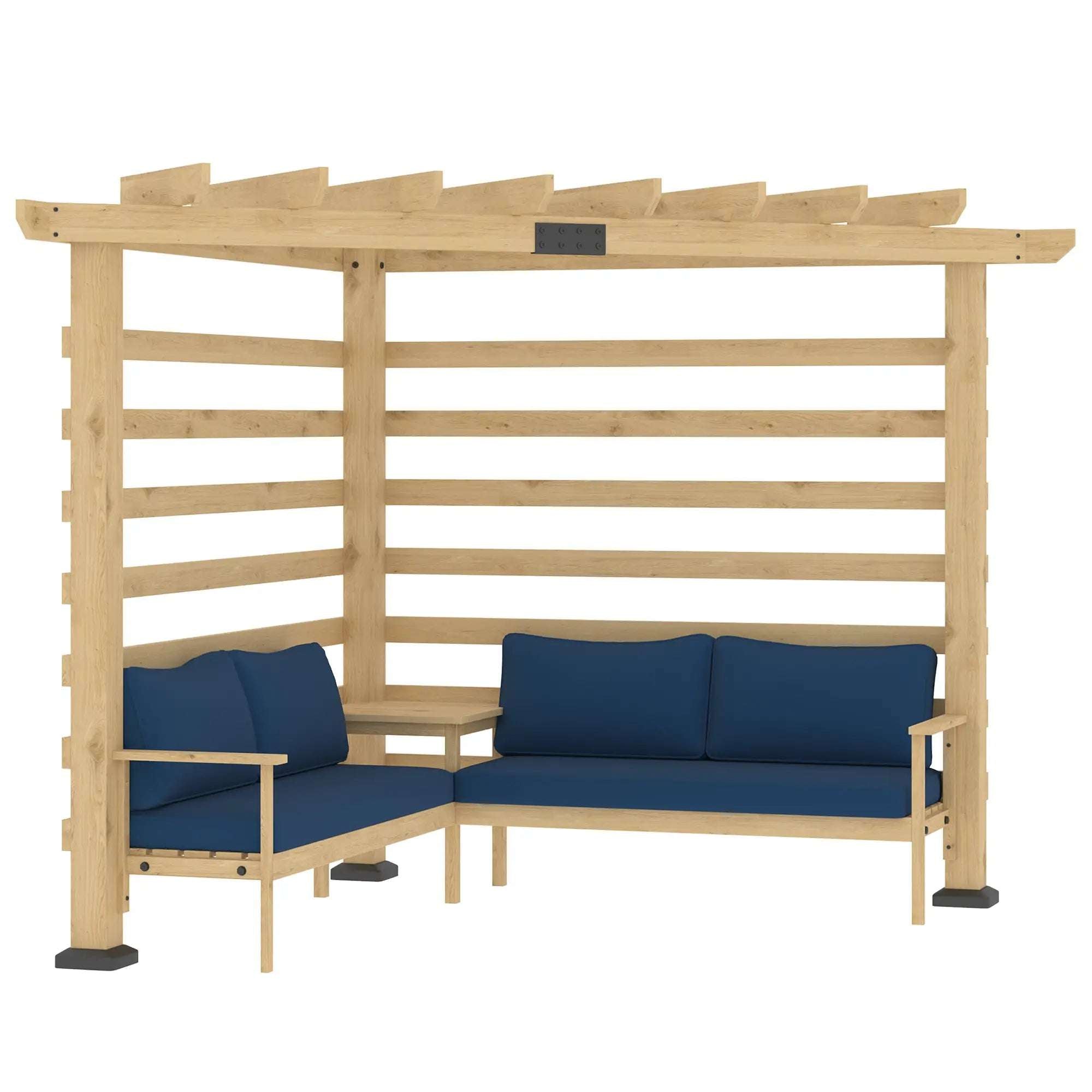 Outsunny 9' x 9' Corner Pergola with Conversation Set and Cushions, Fir Wood Outdoor Pergola with End Table, Natural and Blue - Majic Backyard