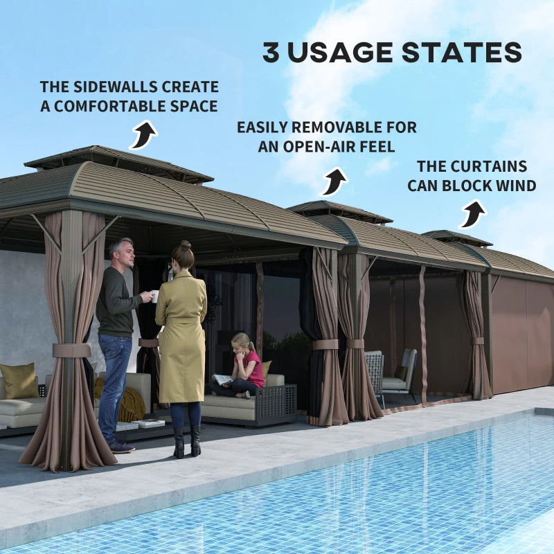 Outsunny 10' x 12' Hardtop Gazebo Canopy with Double Roof, Netting and Curtains for Garden, Backyard, Deck, Coffee