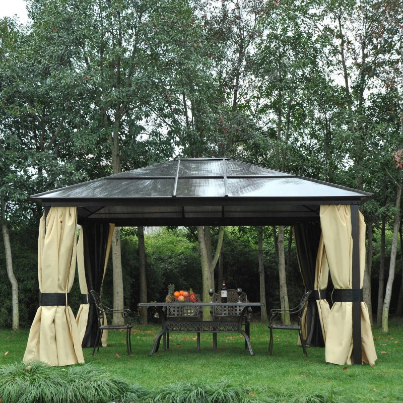 Outsunny 12' x 14' Hardtop Gazebo Canopy with Polycarbonate Roof, Aluminum Frame, Netting and Curtains, Brown