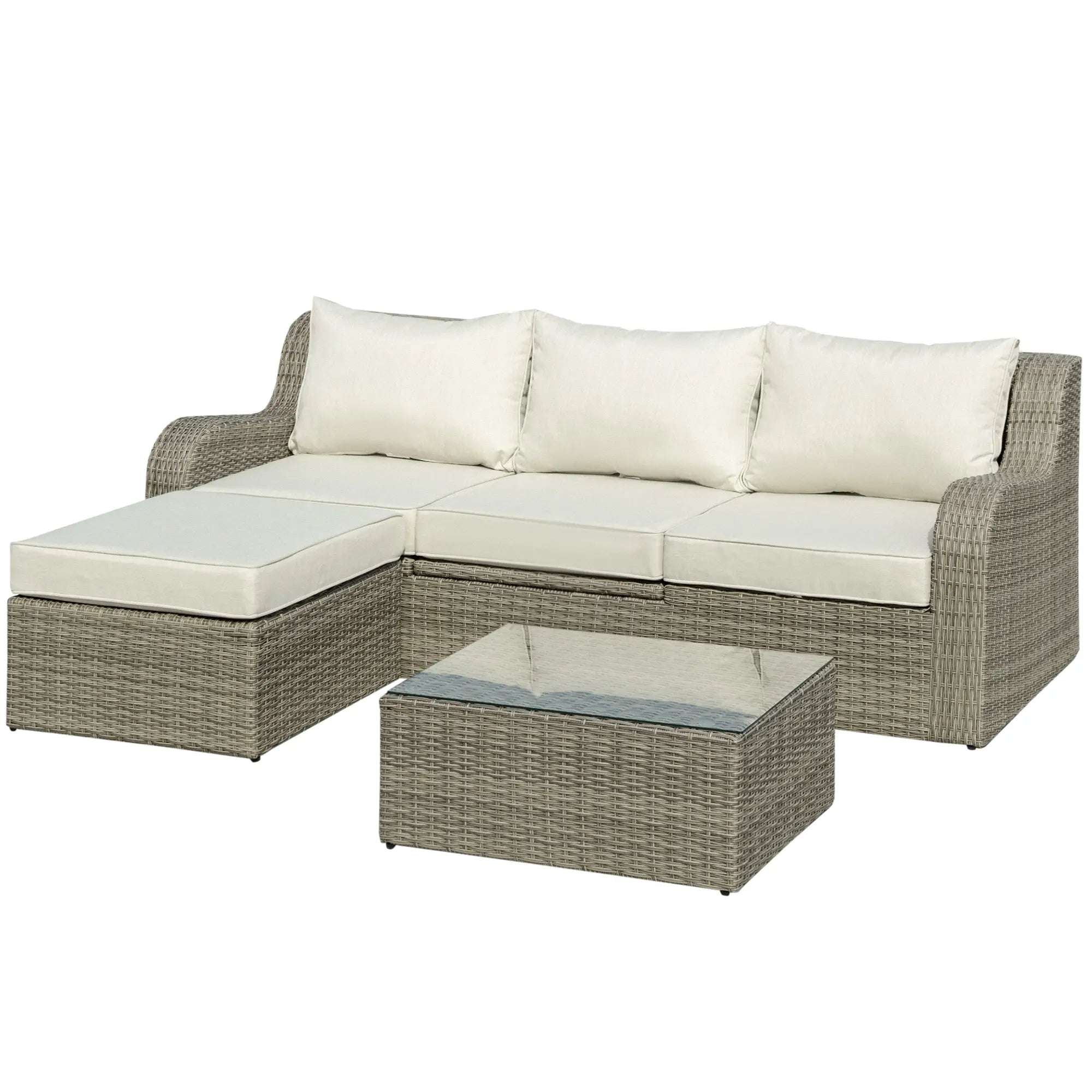 Outsunny 3 Pieces Wicker Patio Furniture Set with Liftable Middle Table, Aluminum Frame Full Assemblied Outdoor Sectional Conversation Sofa Set with 4" Thick Padded Cushions, Beige - Majic Backyard