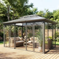 Outsunny Outsunny 12' x 14' Hardtop Gazebo Canopy with Polycarbonate Roof, Aluminum Frame, Netting and Curtains, Brown - Majic Backyard