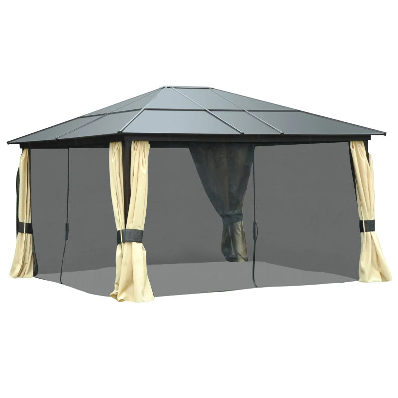 Outsunny 12' x 14' Hardtop Gazebo Canopy with Polycarbonate Roof, Aluminum Frame, Netting and Curtains, Brown