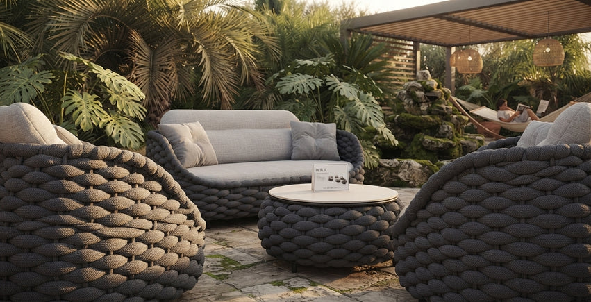 Modern Grey Woven Rope 4-Piece Outdoor Patio Conversation Set for backyard seating