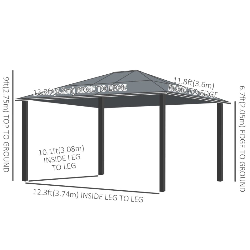 Outsunny 12' x 14' Hardtop Gazebo Canopy with Polycarbonate Roof, Aluminum Frame, Netting and Curtains, Brown