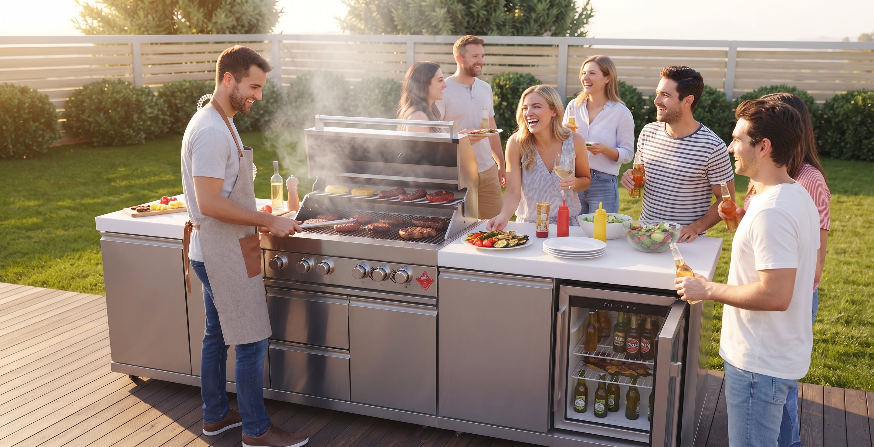 Forno Bulnes 30-Inch BBQ, 60,000 BTU, 3 Burners with Sear & Rotisserie Infrared Burners, Stainless Steel Outdoor Kitchen with 1.8 cu.ft. Beverage Center & White Sintered Stone Countertops