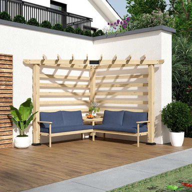 Outsunny 9' x 9' Corner Pergola with Conversation Set and Cushions, Fir Wood Outdoor Pergola with End Table, Natural and Blue - Majic Backyard