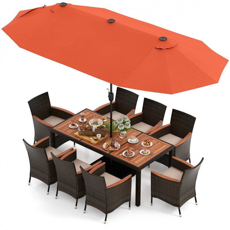 Costway 11 Pieces Patio Dining Set with 15 Feet Double-Sided Patio Umbrella and Base - Majic Backyard